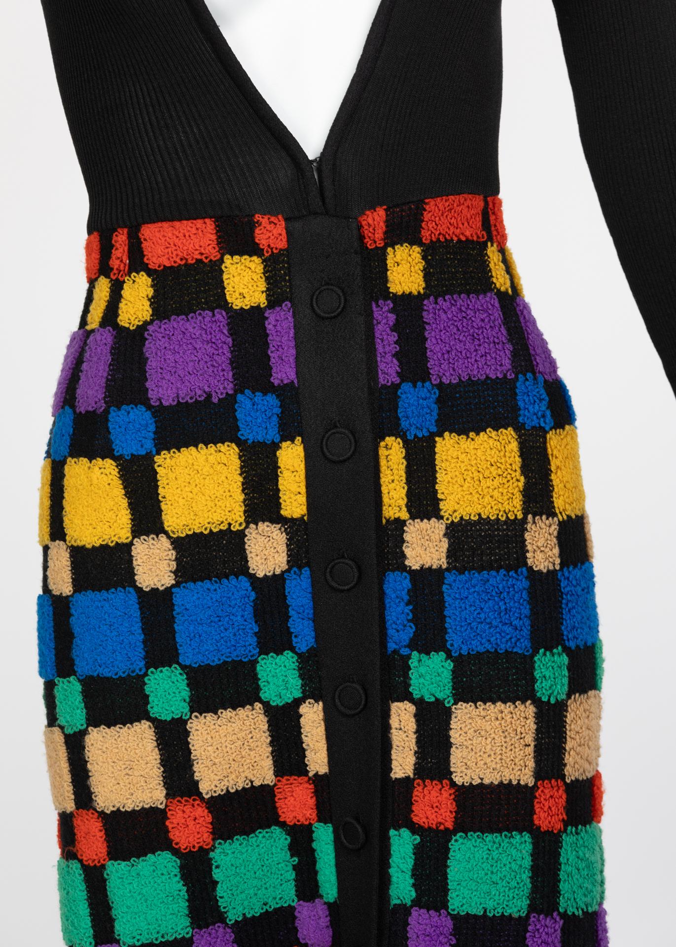 Vintage Color-Block Maxi Plunge Neck Sweater Dress, 1960s 1