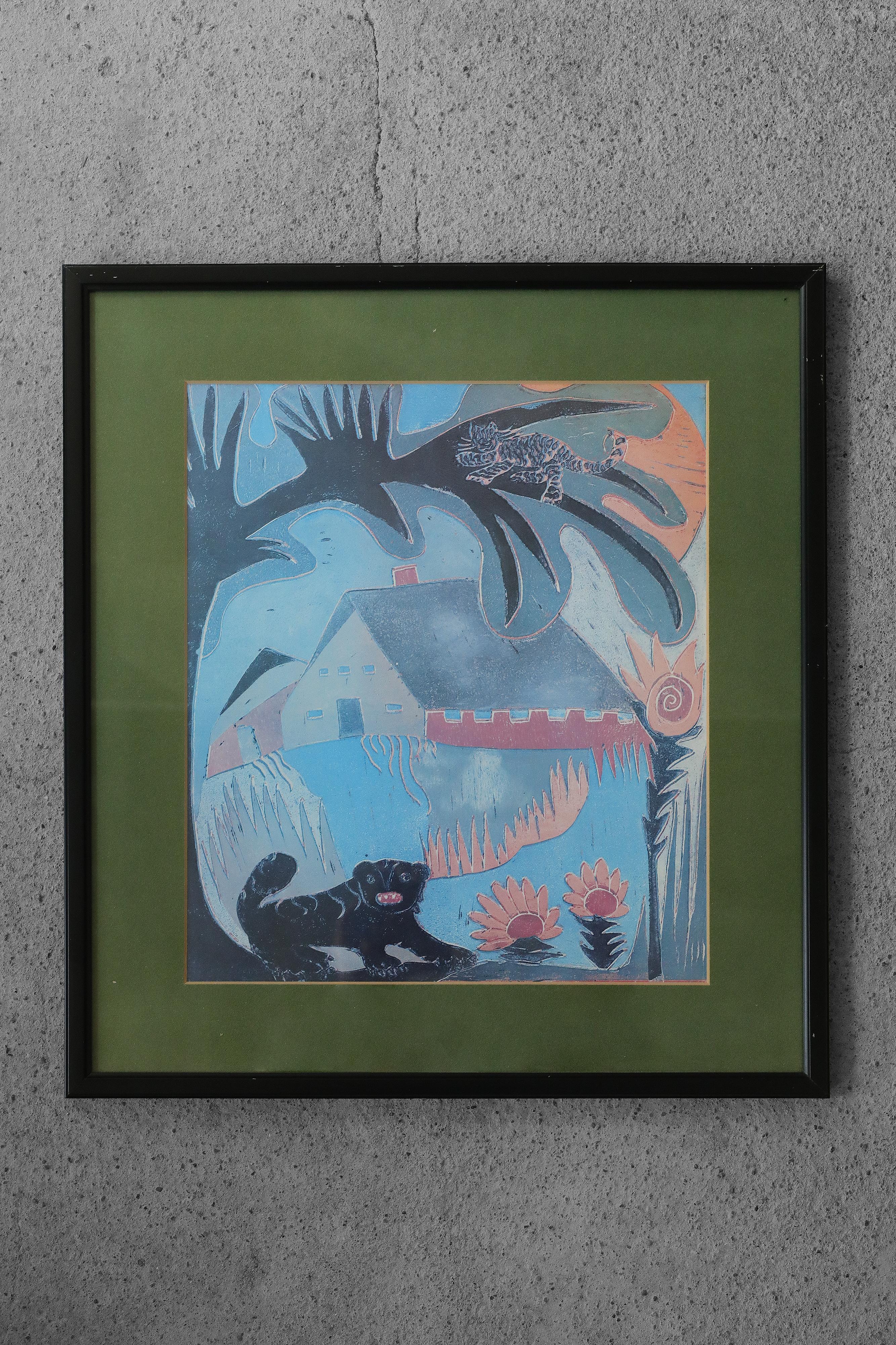 Mid-Century Modern Vintage Color Lithograph in the Trend of Primitivism, Naive Art, Framed For Sale