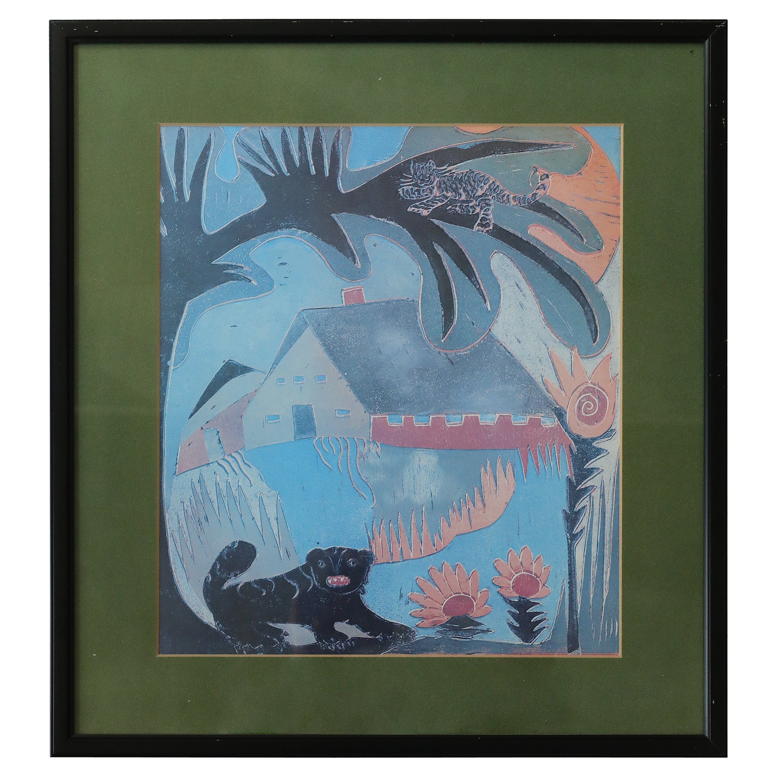 Vintage-Farblithographie im Trend des Primitivismus, naive Kunst, gerahmt