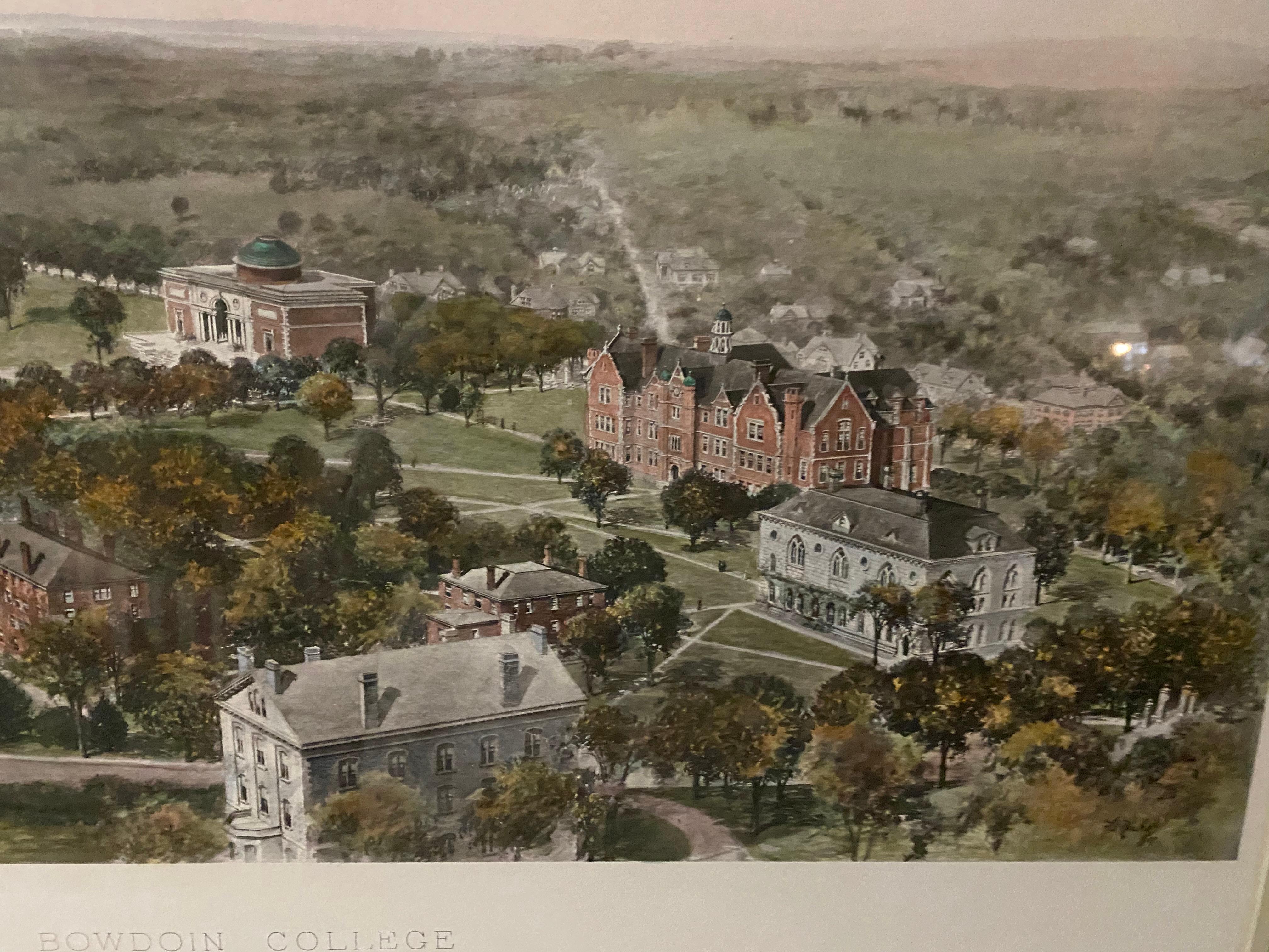 20th Century Vintage Color Lithograph of Bowdoin College