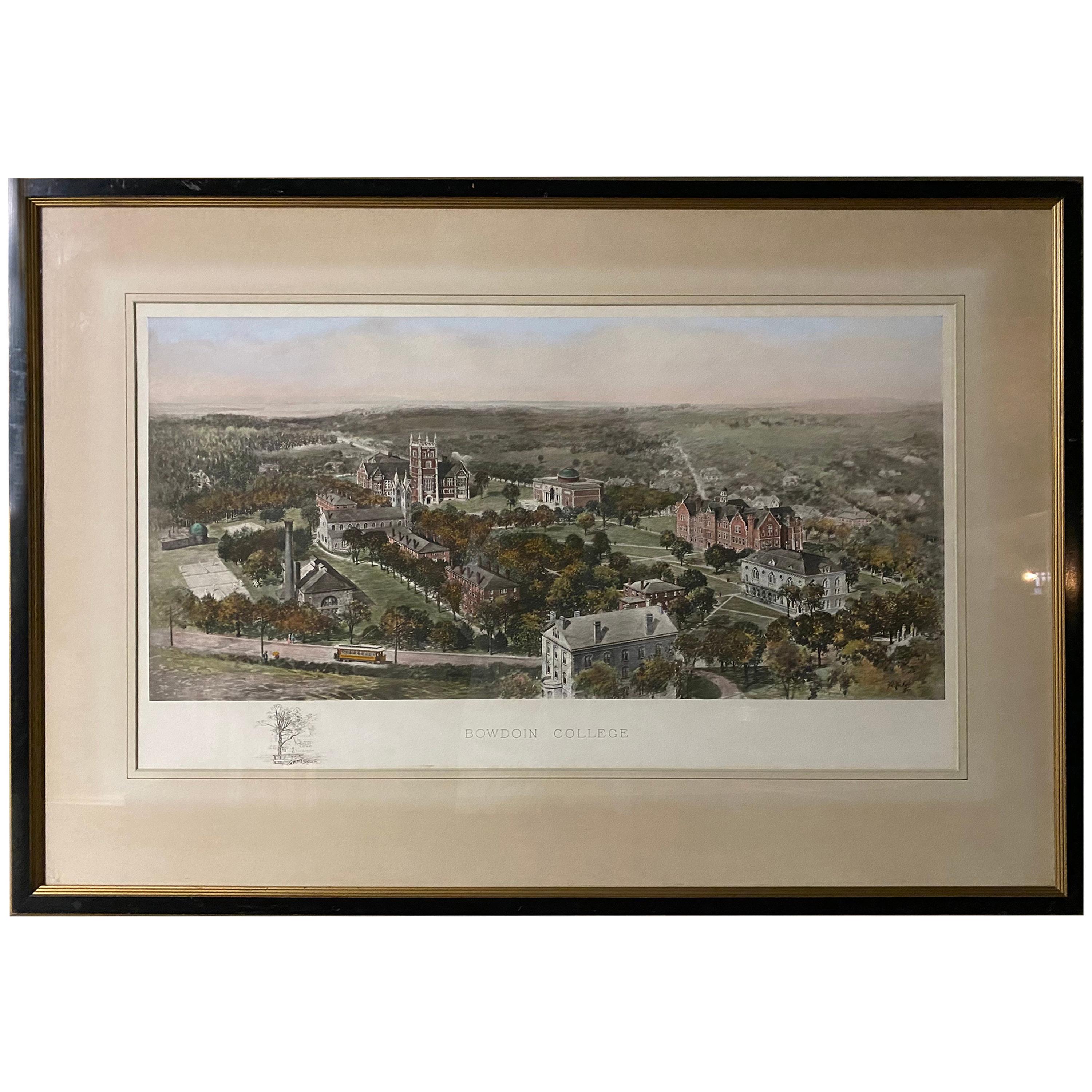 Vintage Color Lithograph of Bowdoin College