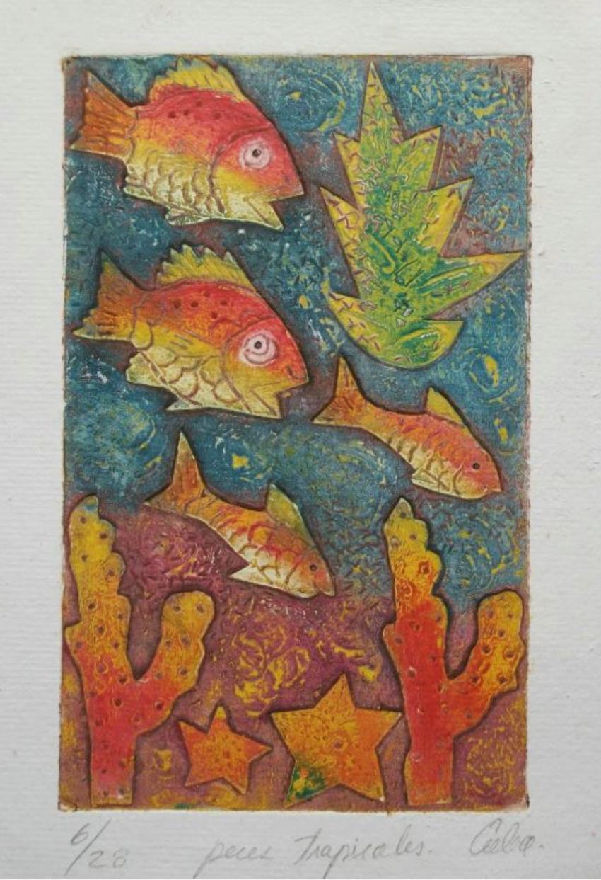 Vintage-Farbdruck auf Papier - 'peces tropicales' - Nummer 6/28 - unsigniert - Kuba - Ende des 20. Jahrhunderts.

Ausgezeichneter Vintage-Zustand - kein Verlust - keine Restaurierung - leichte Verschmutzungen und Randfalten im Papier -