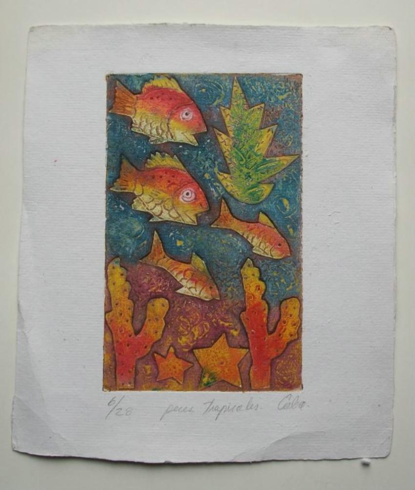 Vintage Farbdruck - 'Peces Tropicales' - unsigniert - Kuba - Ende des 20. (Handgefertigt) im Angebot