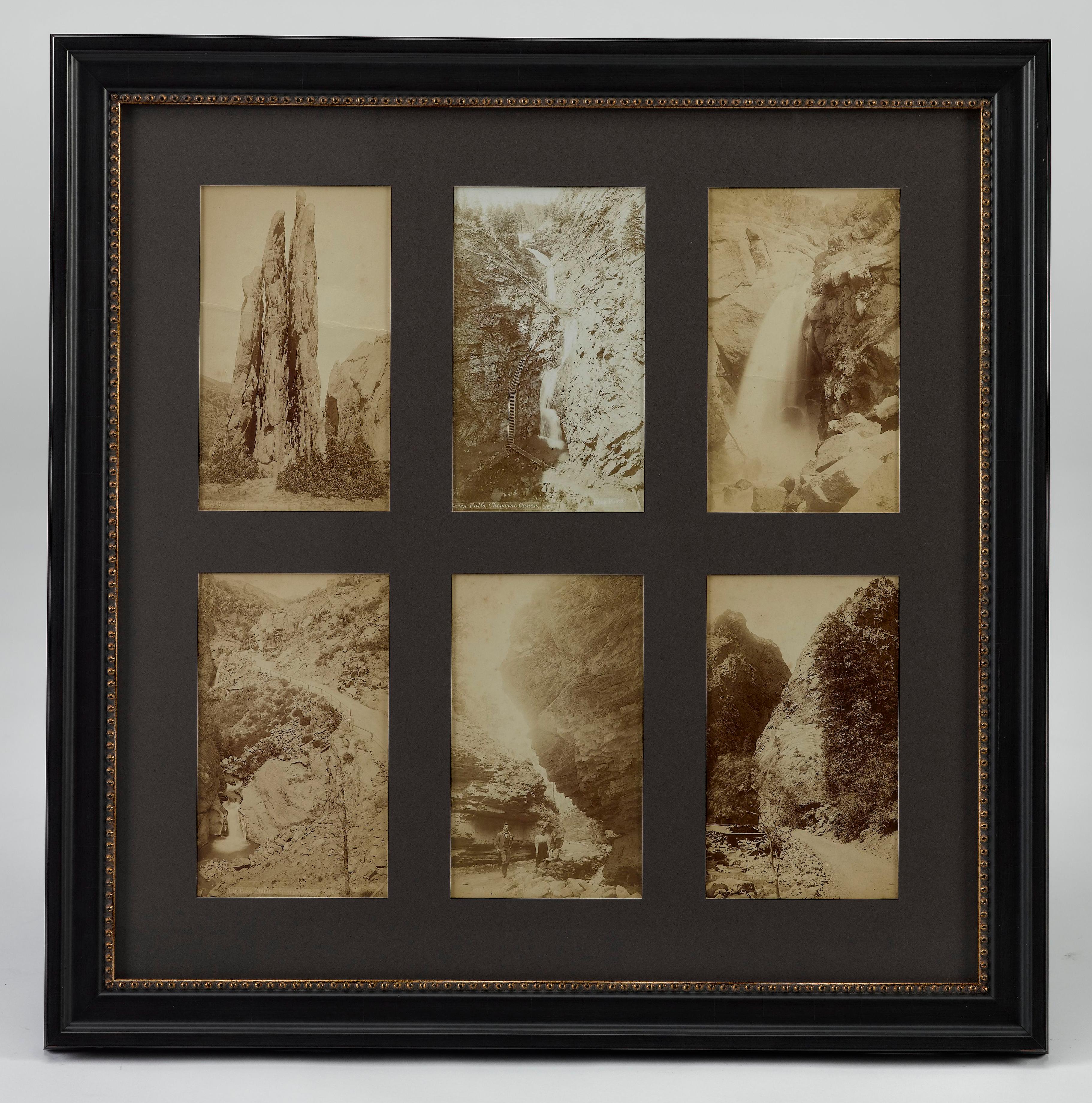 Presented is a collage of six vintage cabinet card photographs of Colorado Springs and its surrounding areas, dating to the 1890s. The sepia toned photographs were published by W.E. Hook View, Stationery and Book Company. The photographs capture