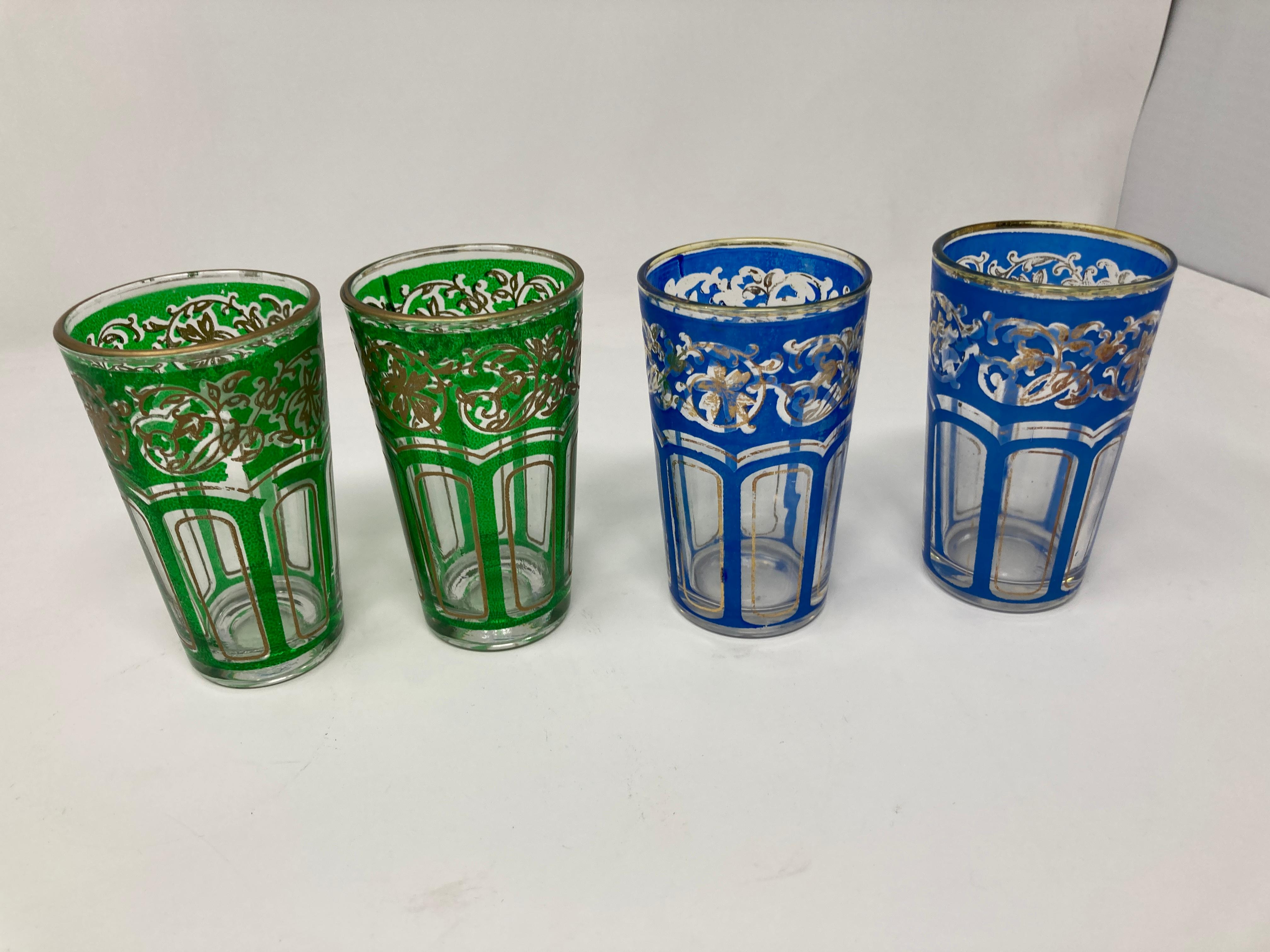 Moroccan Set of Four Vintage Colored Glasses with Gold Raised Moorish Design