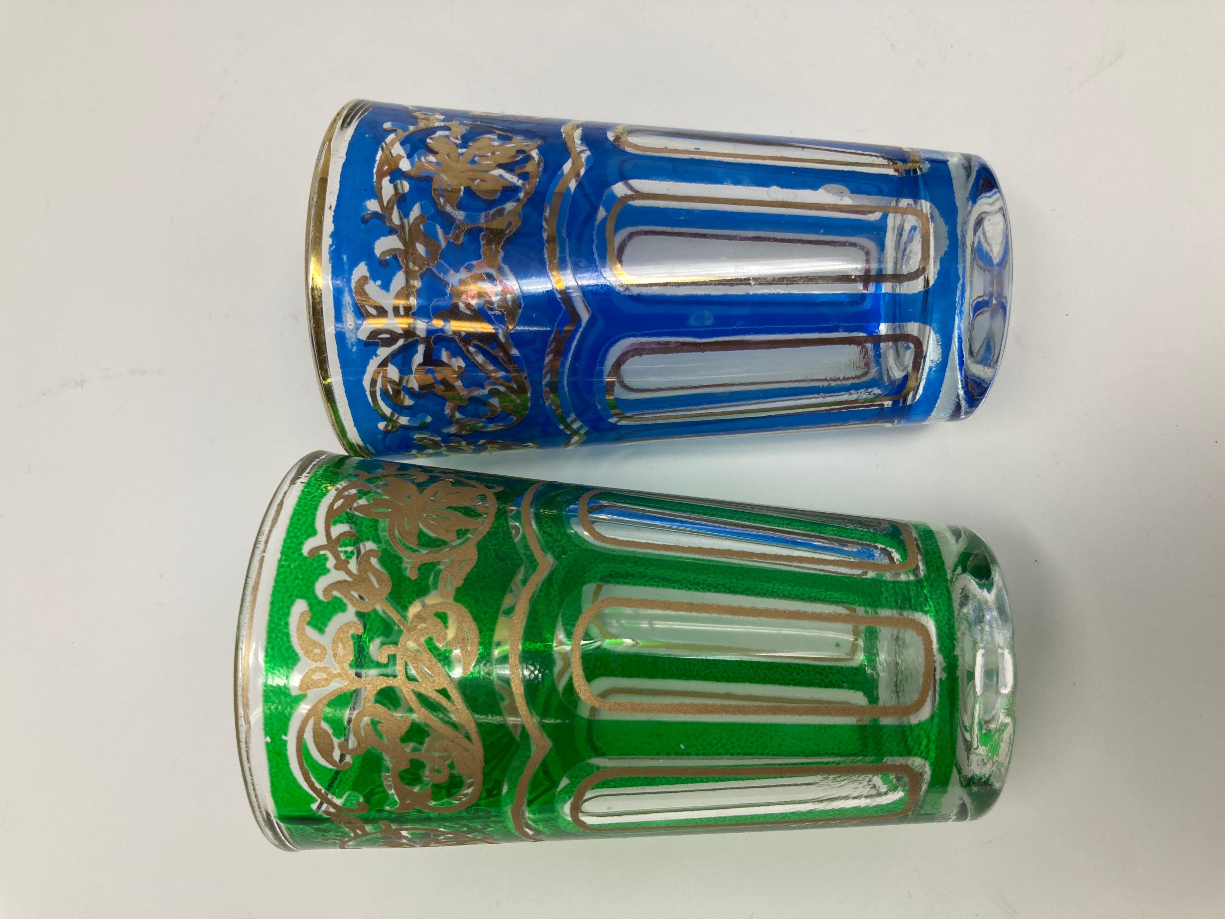 20th Century Set of Four Vintage Colored Glasses with Gold Raised Moorish Design