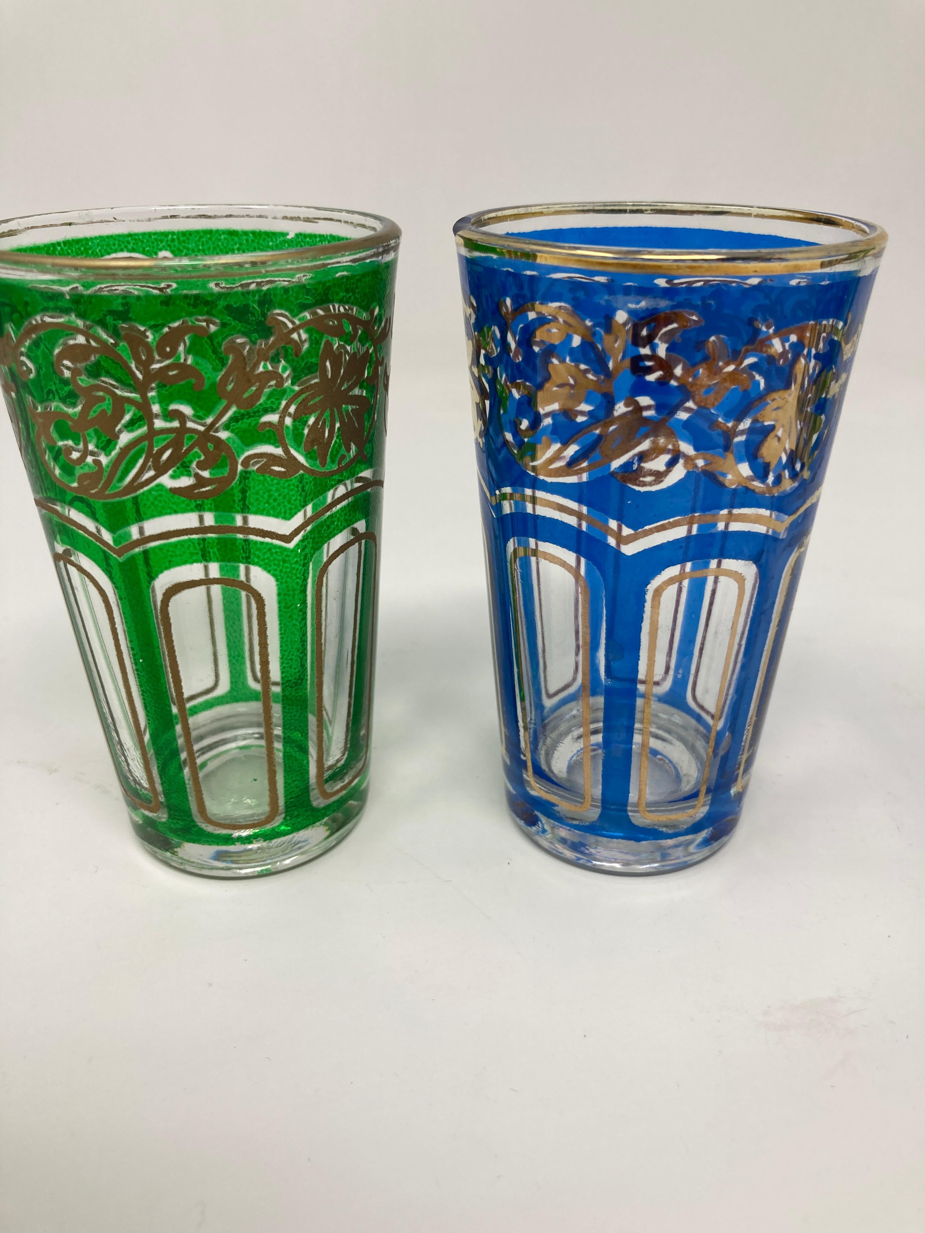 Set of Four Vintage Colored Glasses with Gold Raised Moorish Design 2