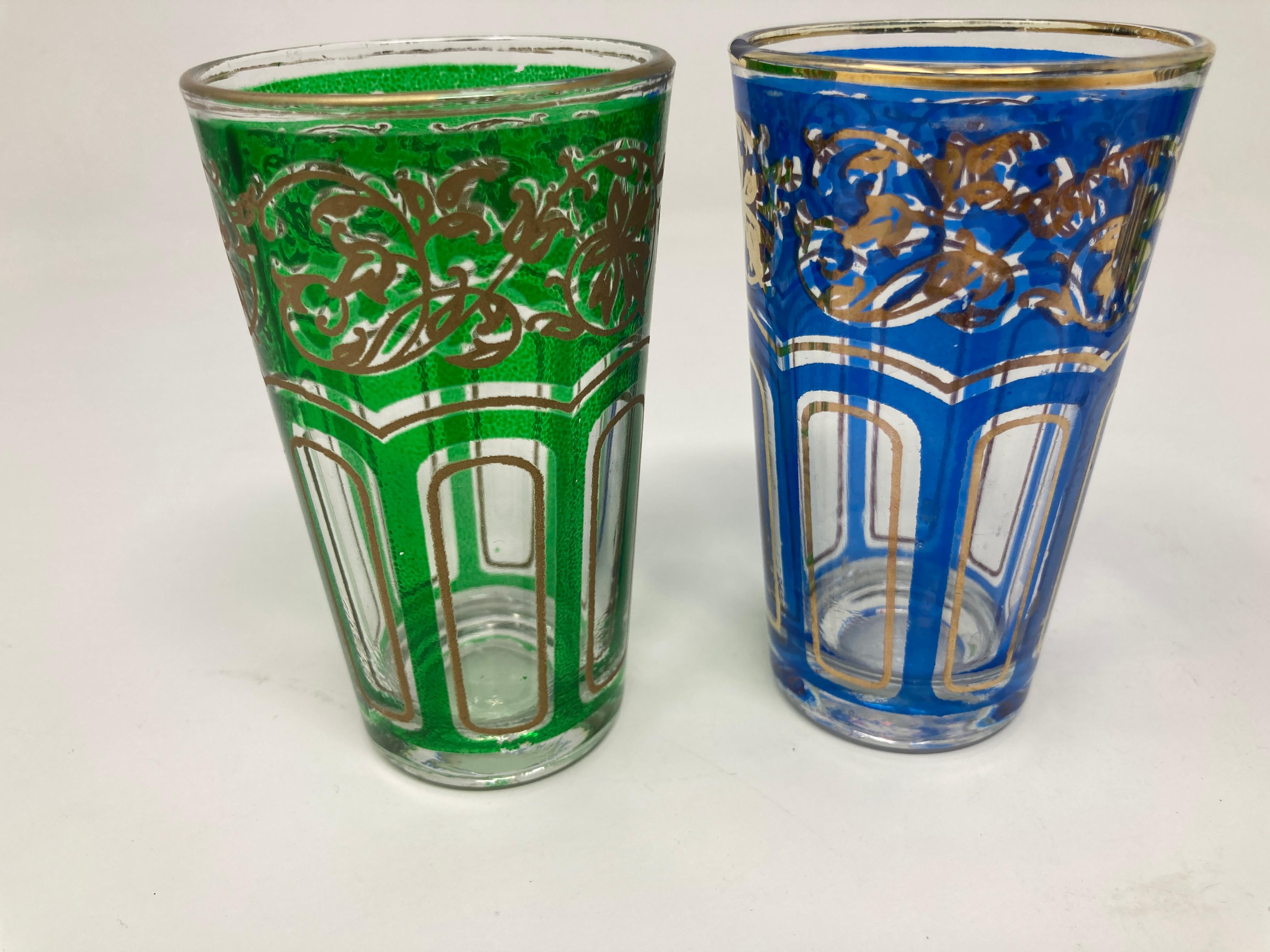 Set of Four Vintage Colored Glasses with Gold Raised Moorish Design 4