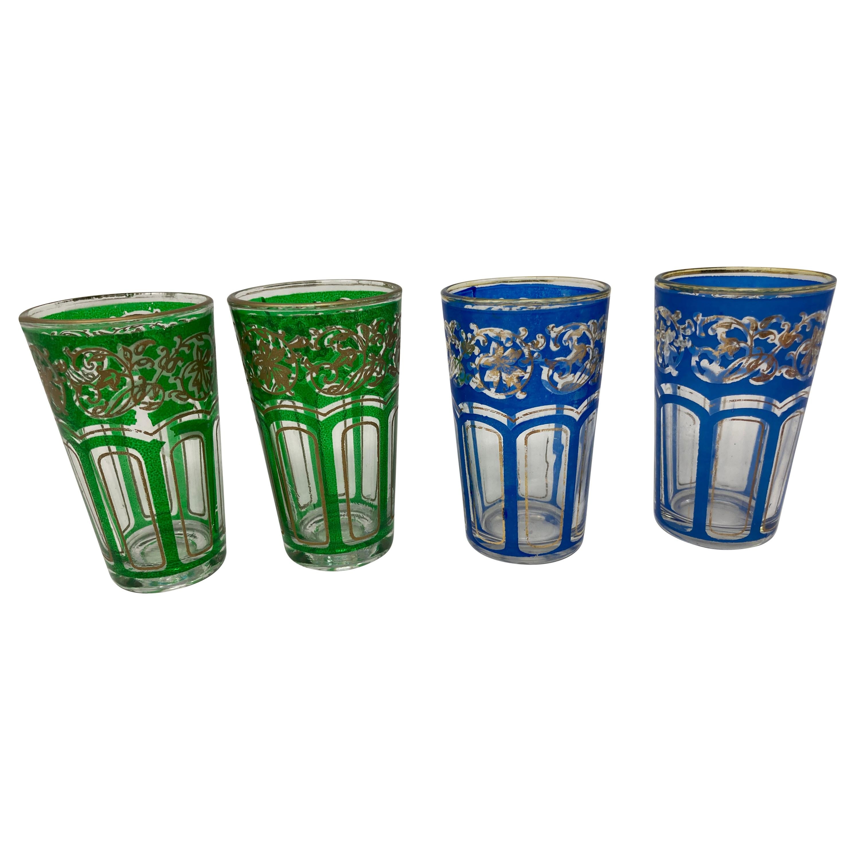 Set of Four Vintage Colored Glasses with Gold Raised Moorish Design