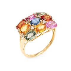 Vintage Colored Sapphire Ring Diamond Cocktail 14 Karat Gold Estate Jewelry