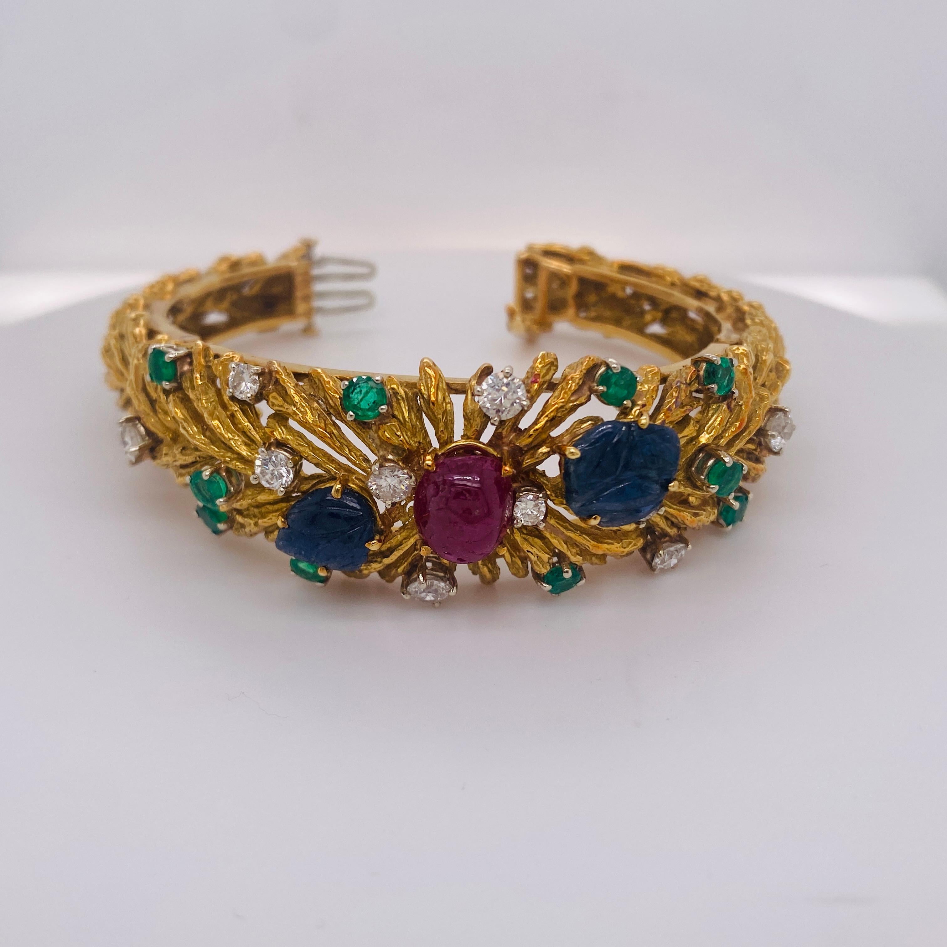 Bracciale Bombe d'epoca con pietre colorate fatto a mano in oro giallo 18 carati con cerniera in vendita 5