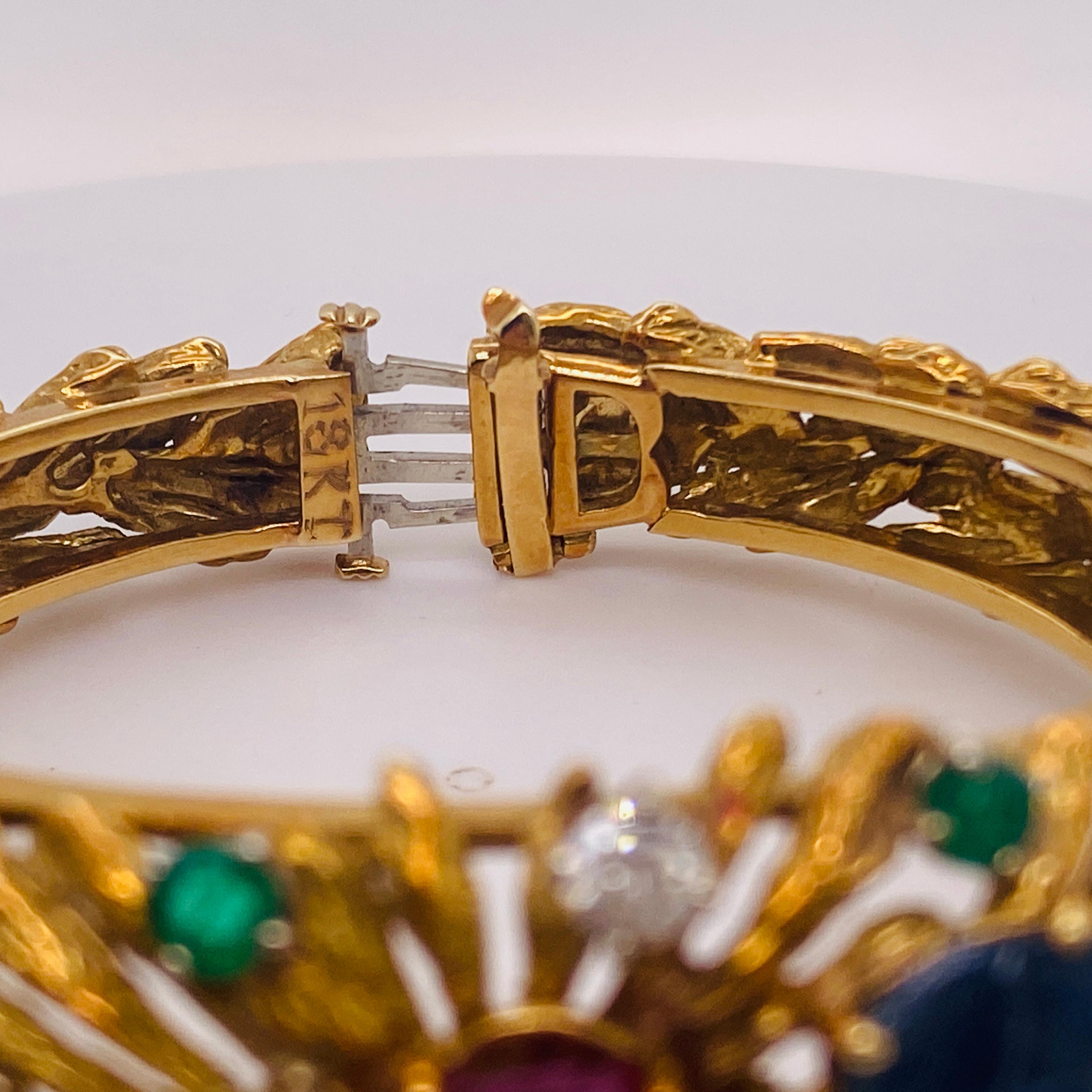 Bracciale Bombe d'epoca con pietre colorate fatto a mano in oro giallo 18 carati con cerniera in vendita 11