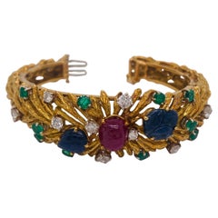 Bracelet bombé vintage fait main en or jaune 18 carats avec charnière