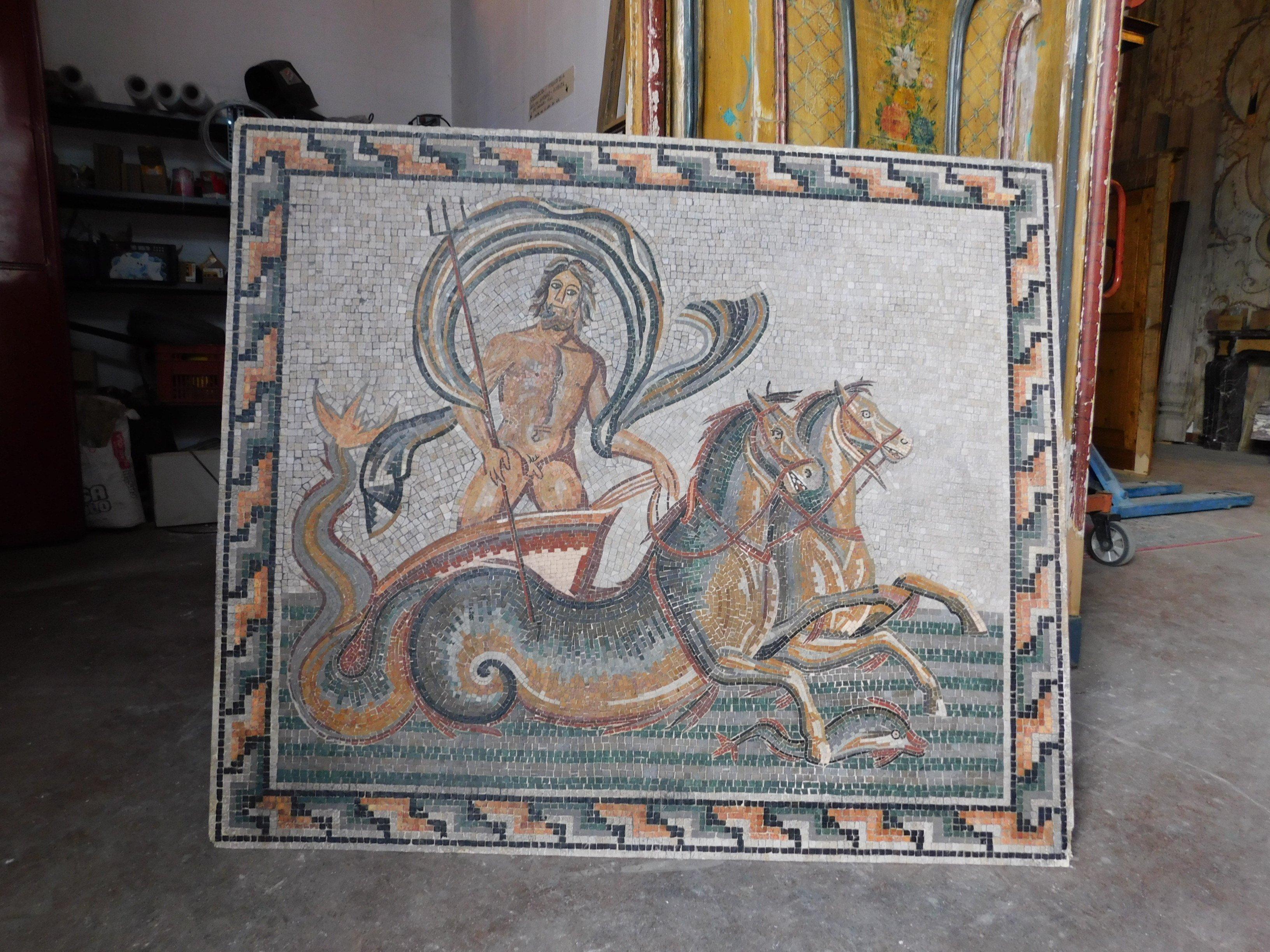 Vintage colored stone mosaic depicting Poseidon, very colorful contemplates related to the gods of the sea, dolphins, tritons, etc.
hand made in Sicily circa 1940s, adaptable to the wall as a painting or as a decorative panel in any room (even in a