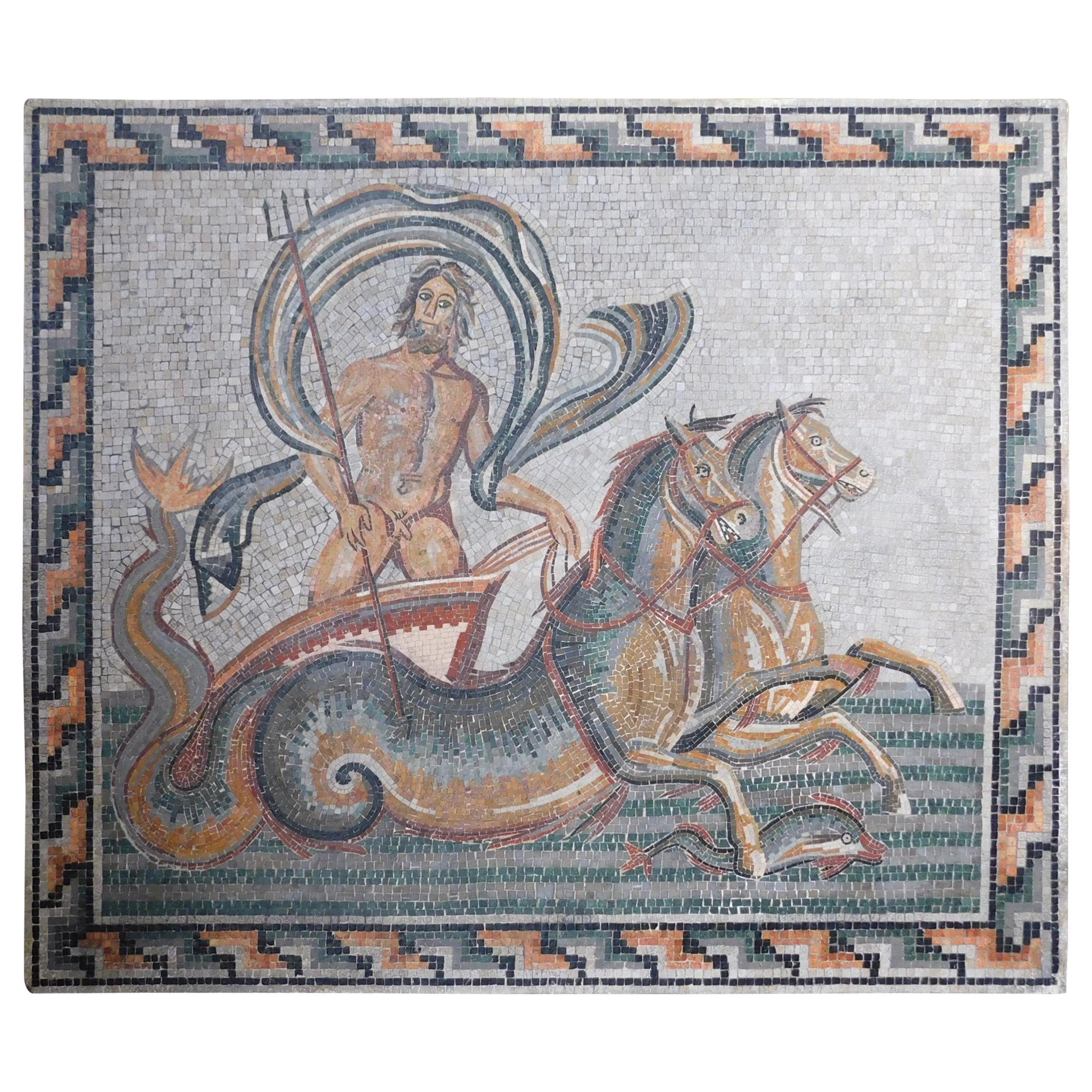 Vintage Colored Stone Mosaic Depicting Poseidon, Sicily 'Italy', 1940