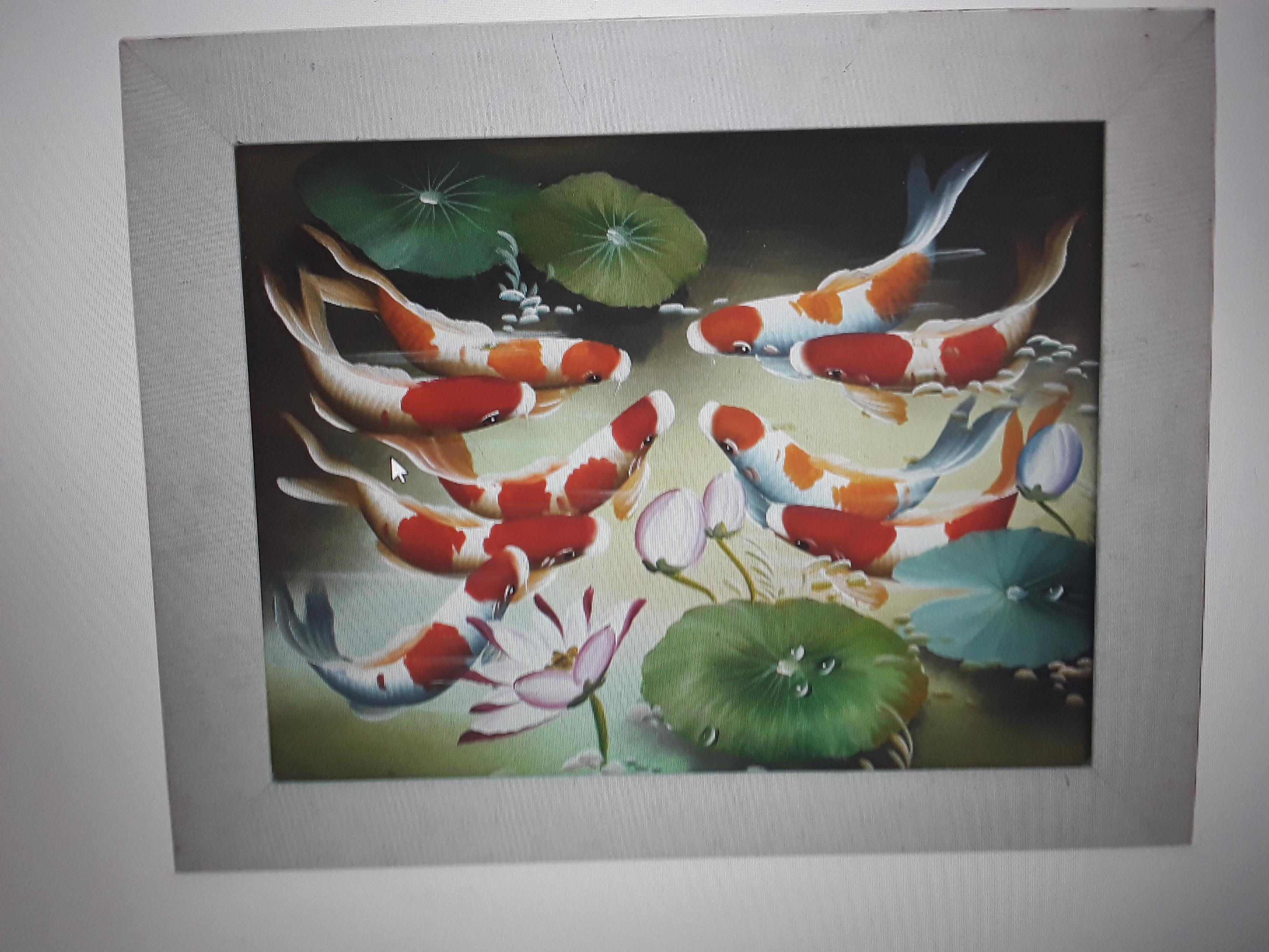 Vintage Colorful Acrylic Hand Painted Framed and Matte - Koi Fish For Sale 4