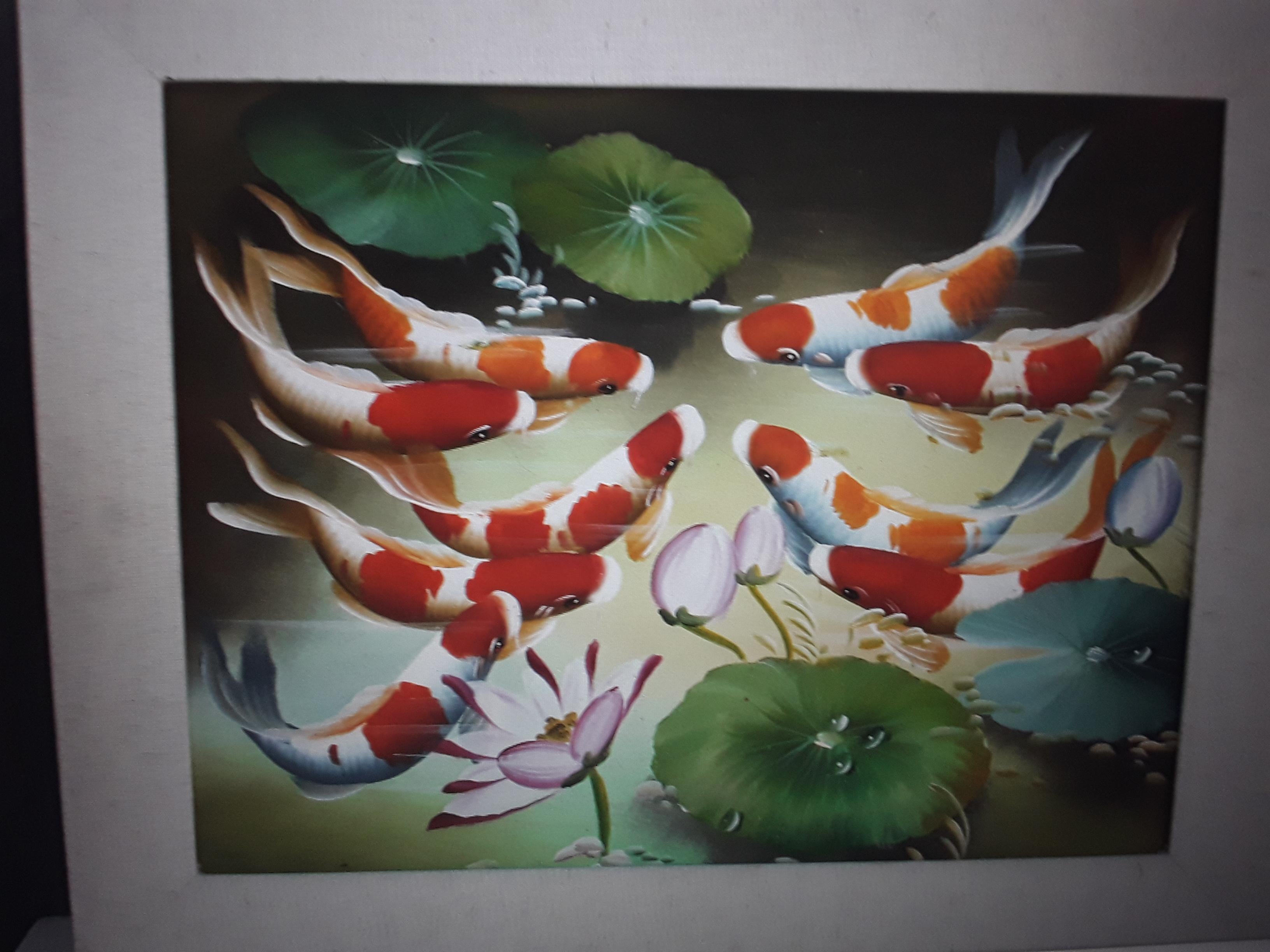 Vintage Colorful Acrylic Hand Painted Scene of Koi Fish. Framed and Matte.
