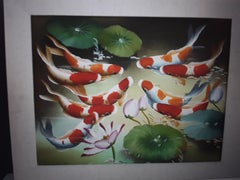 Vintage Colorful Acrylic Hand Painted Framed and Matte - Koi Fish