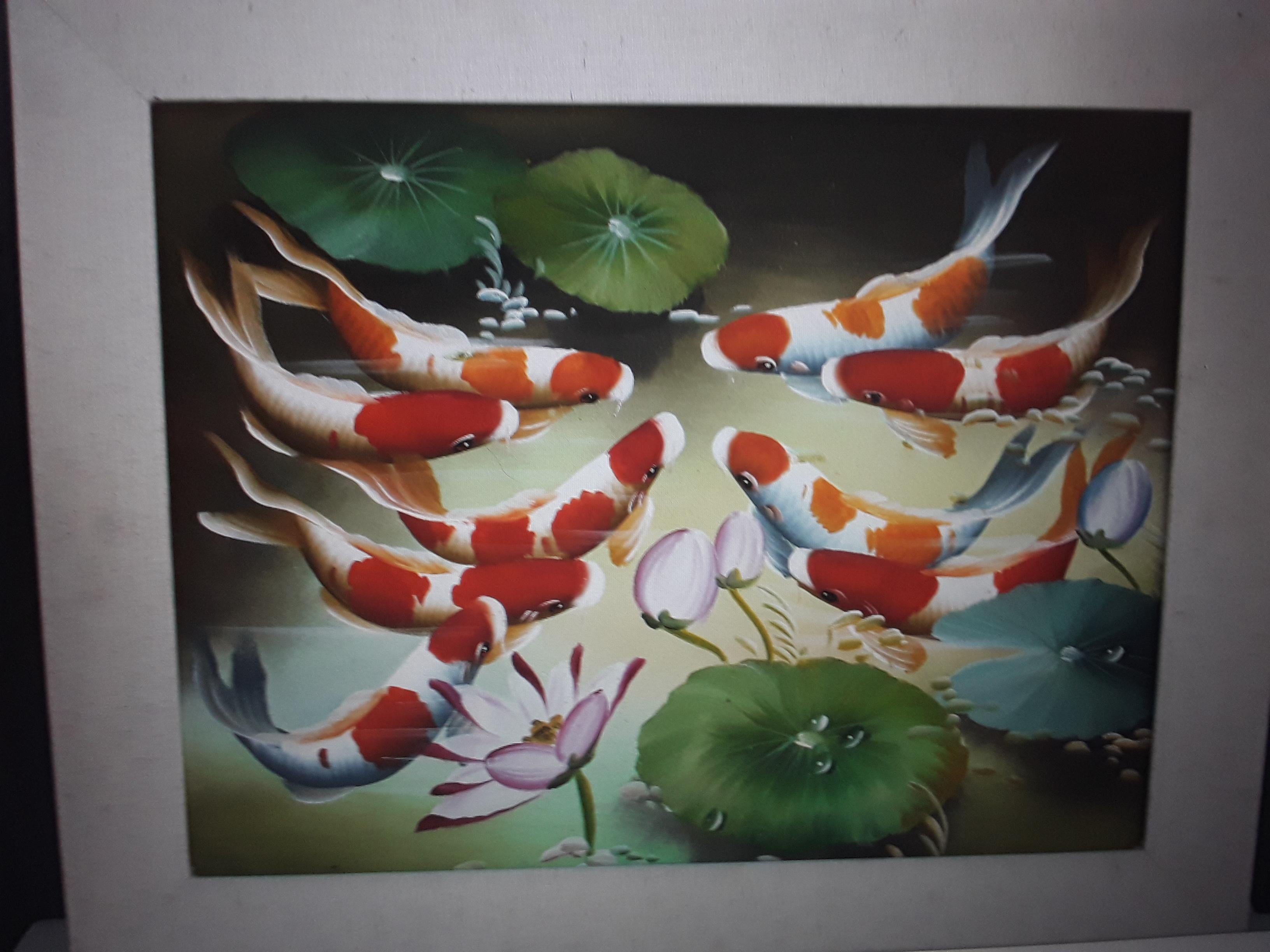 Adam Style Vintage Colorful Acrylic Hand Painted Framed and Matte - Koi Fish For Sale