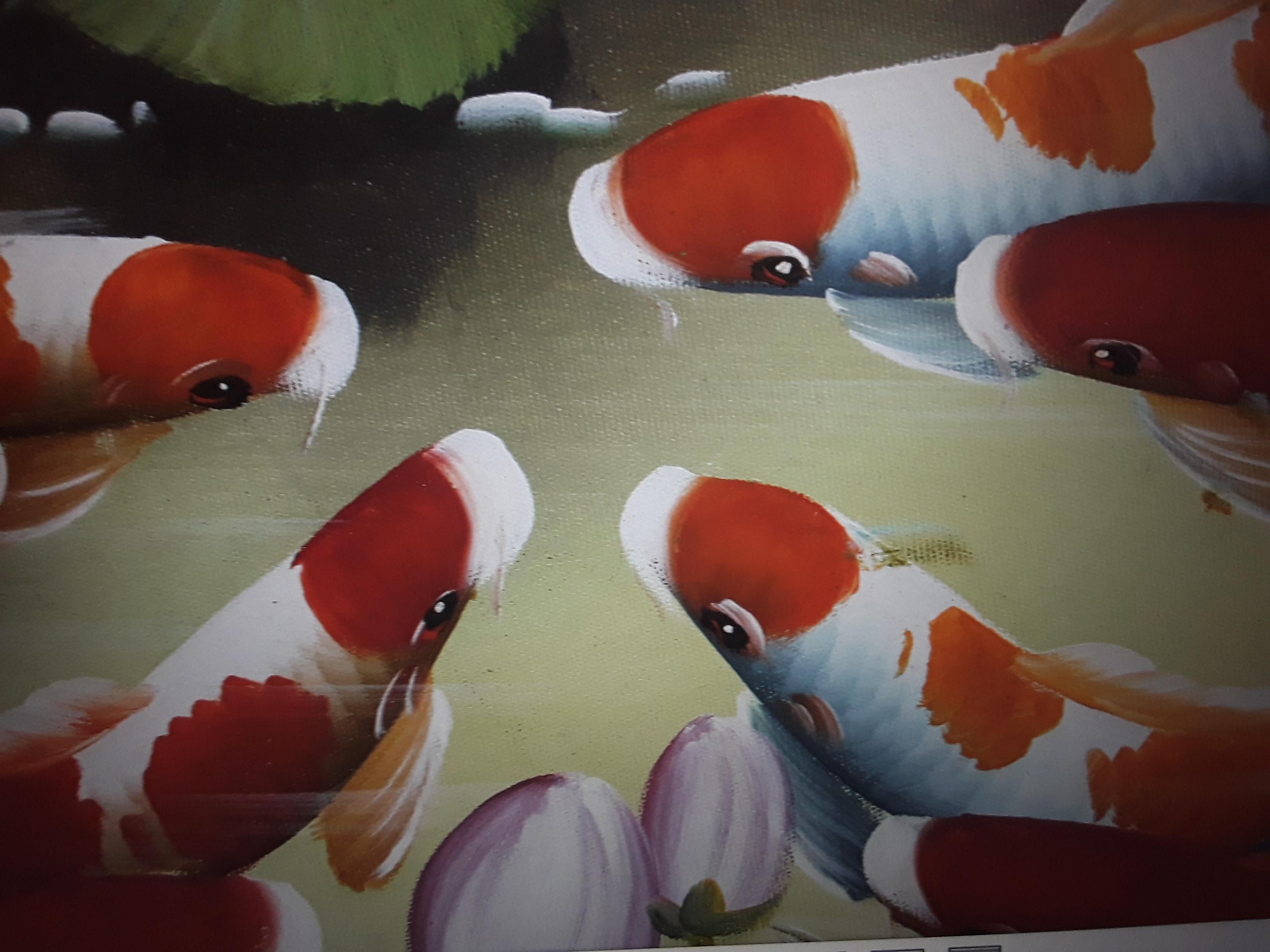 North American Vintage Colorful Acrylic Hand Painted Framed and Matte - Koi Fish For Sale