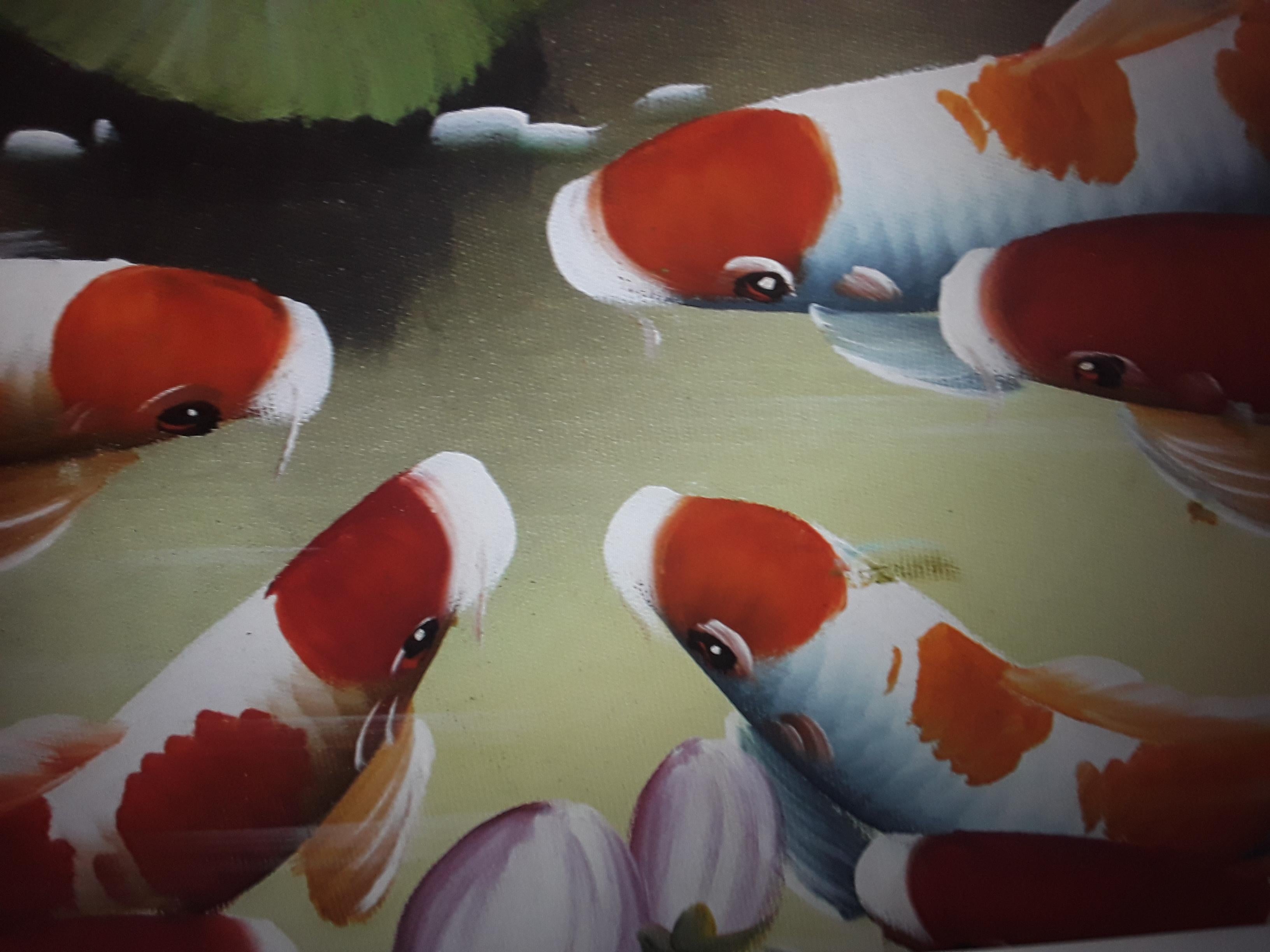 Vintage Colorful Acrylic Hand Painted Framed and Matte - Koi Fish For Sale 1