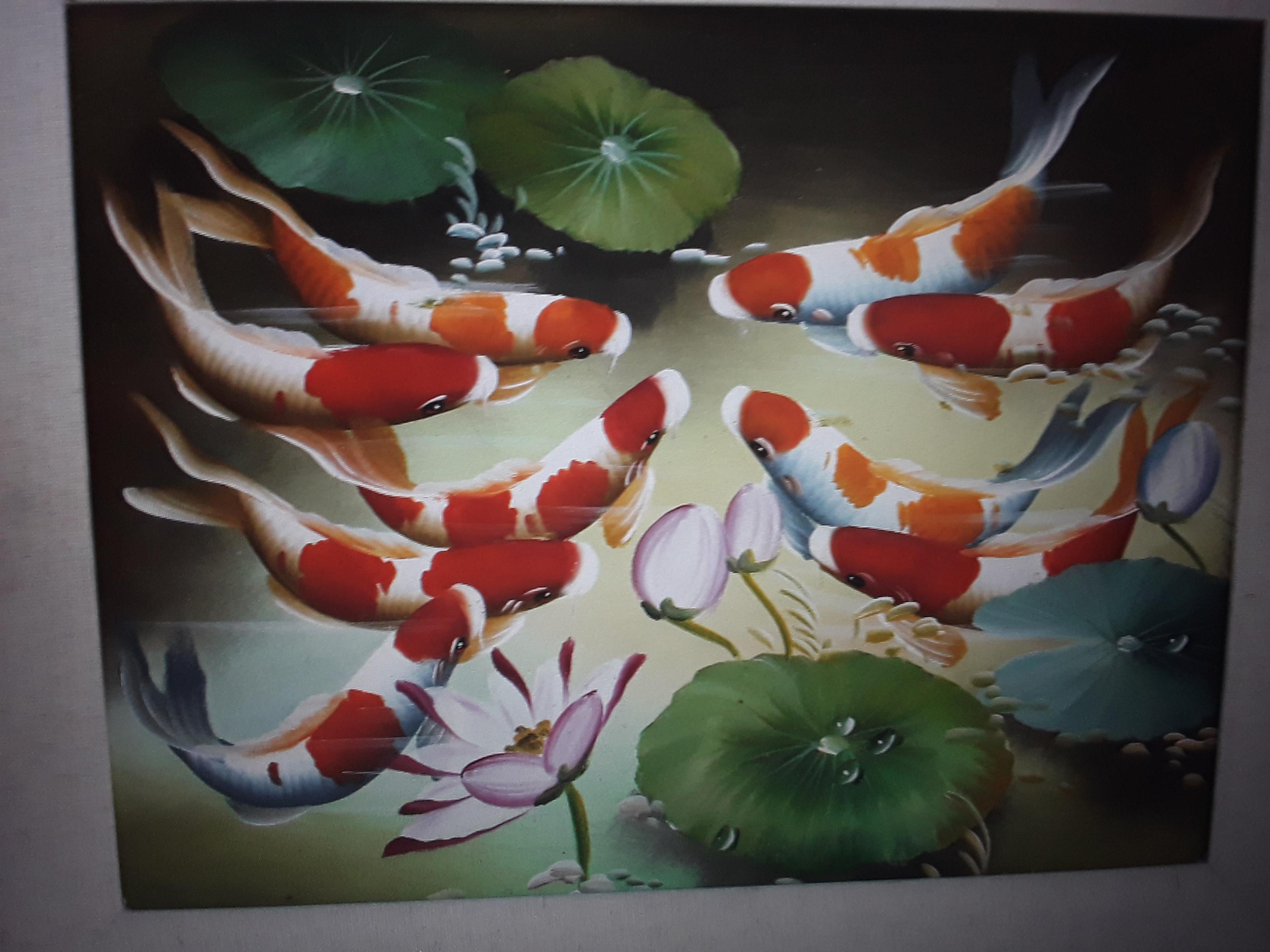 Vintage Colorful Acrylic Hand Painted Framed and Matte - Koi Fish For Sale 2
