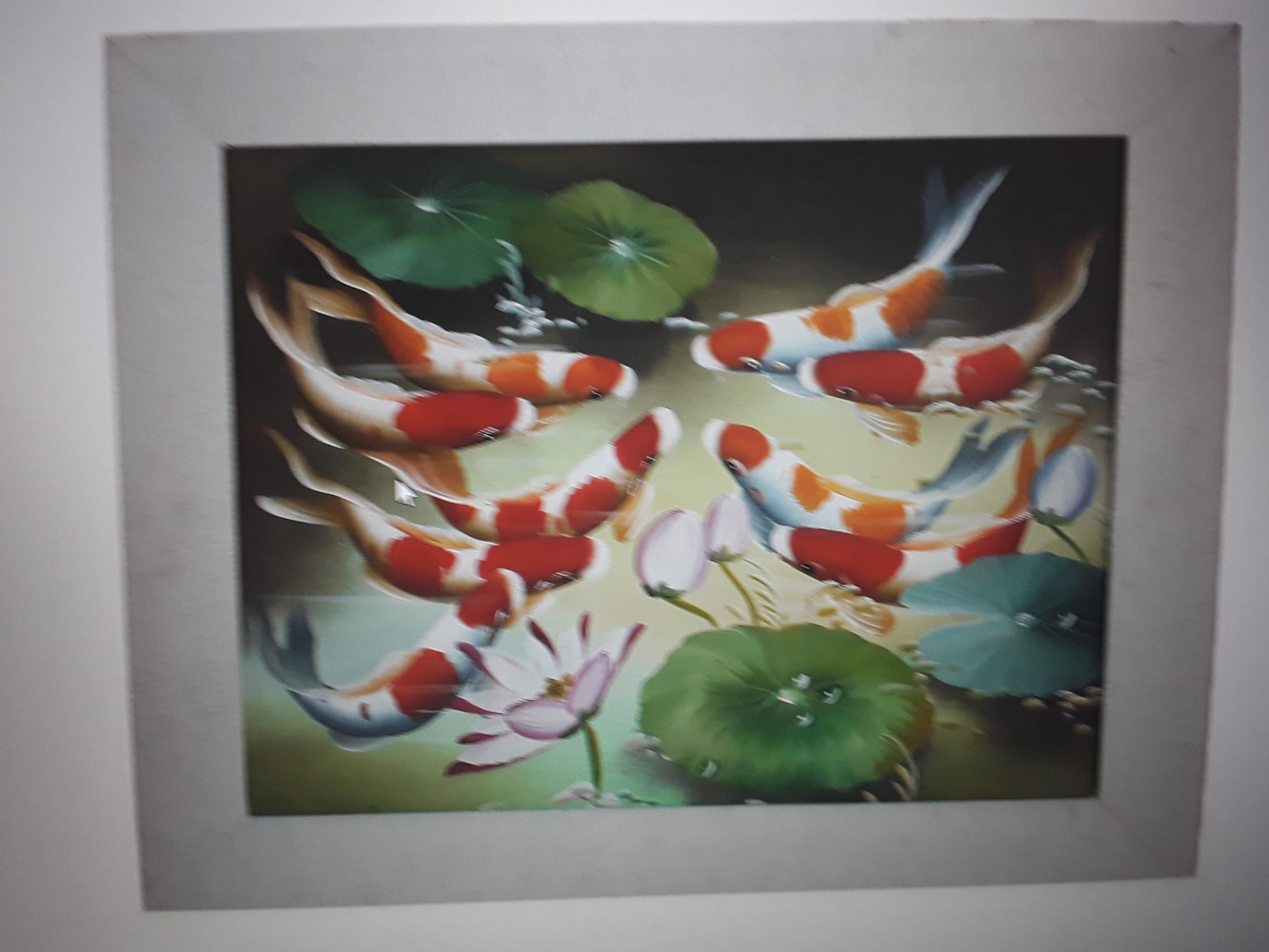 Vintage Colorful Acrylic Hand Painted Framed and Matte - Koi Fish For Sale 3
