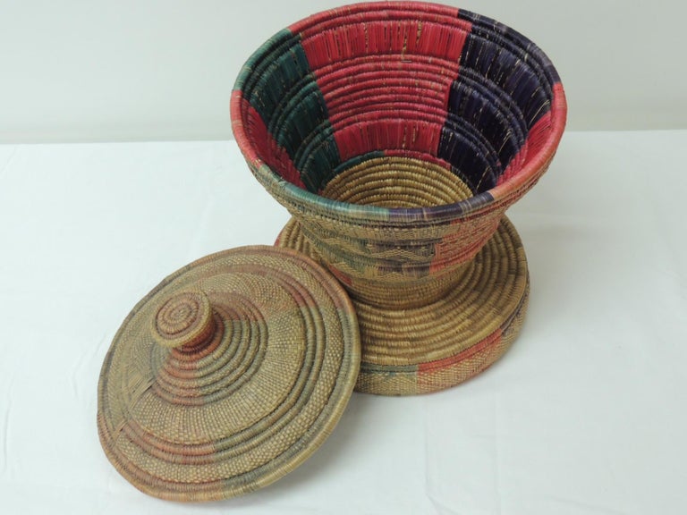 Vintage Colorful African Round Basket with Lid at 1stDibs
