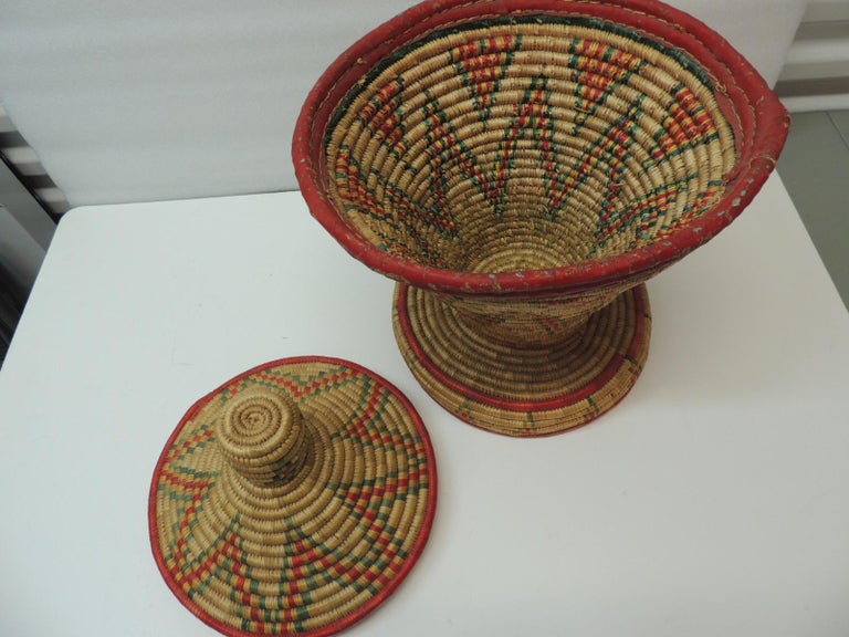 Vintage Colorful African Round Basket with Lid For Sale at 1stDibs
