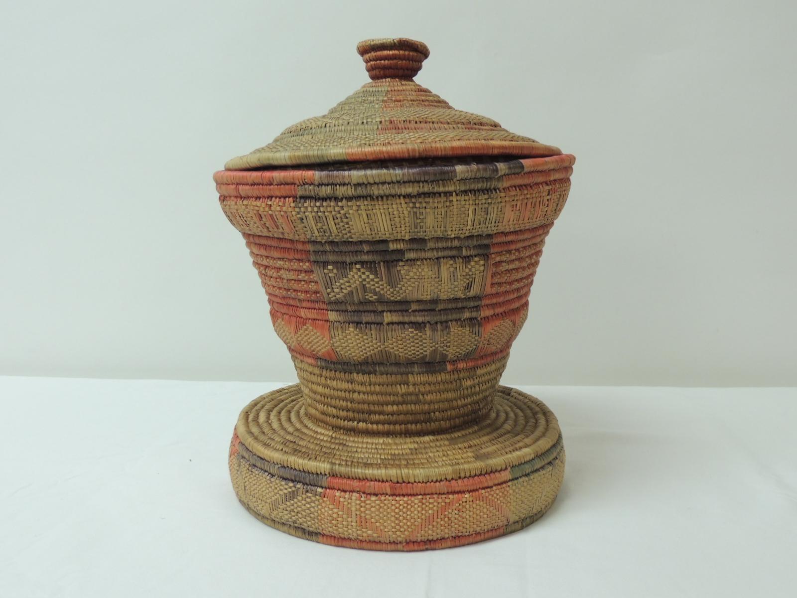 Vintage Colorful African Round Basket with Lid at 1stDibs round