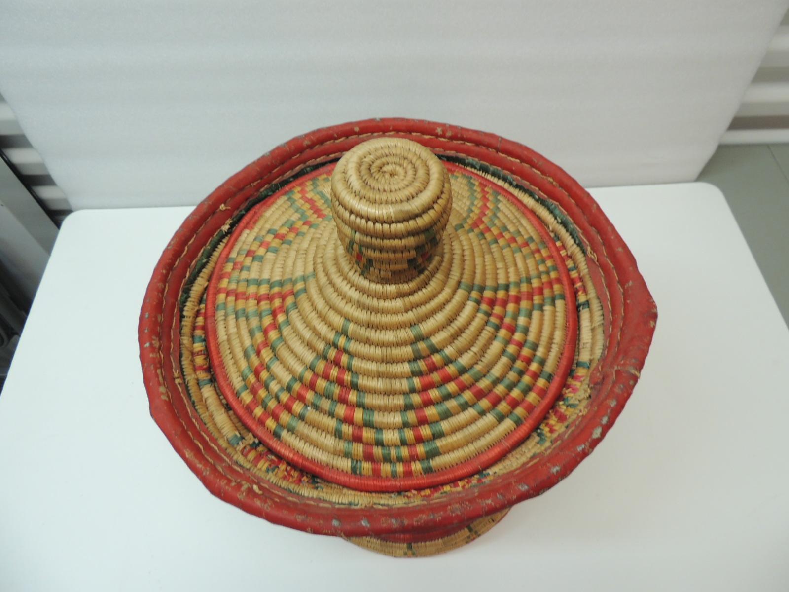 Tribal Vintage Colorful African Round Basket with Lid