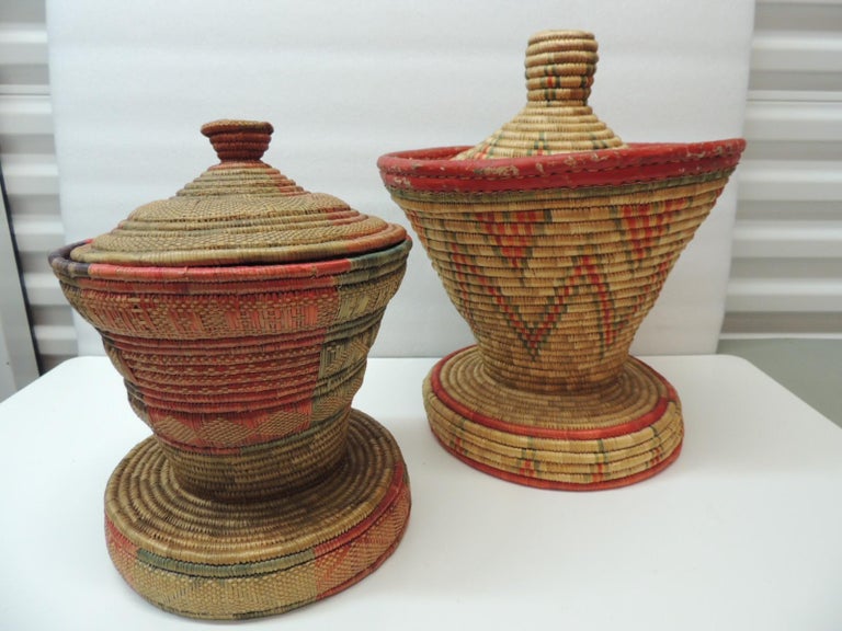 Vintage Colorful African Round Basket with Lid For Sale at 1stDibs