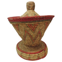 Vintage Colorful African Round Basket with Lid