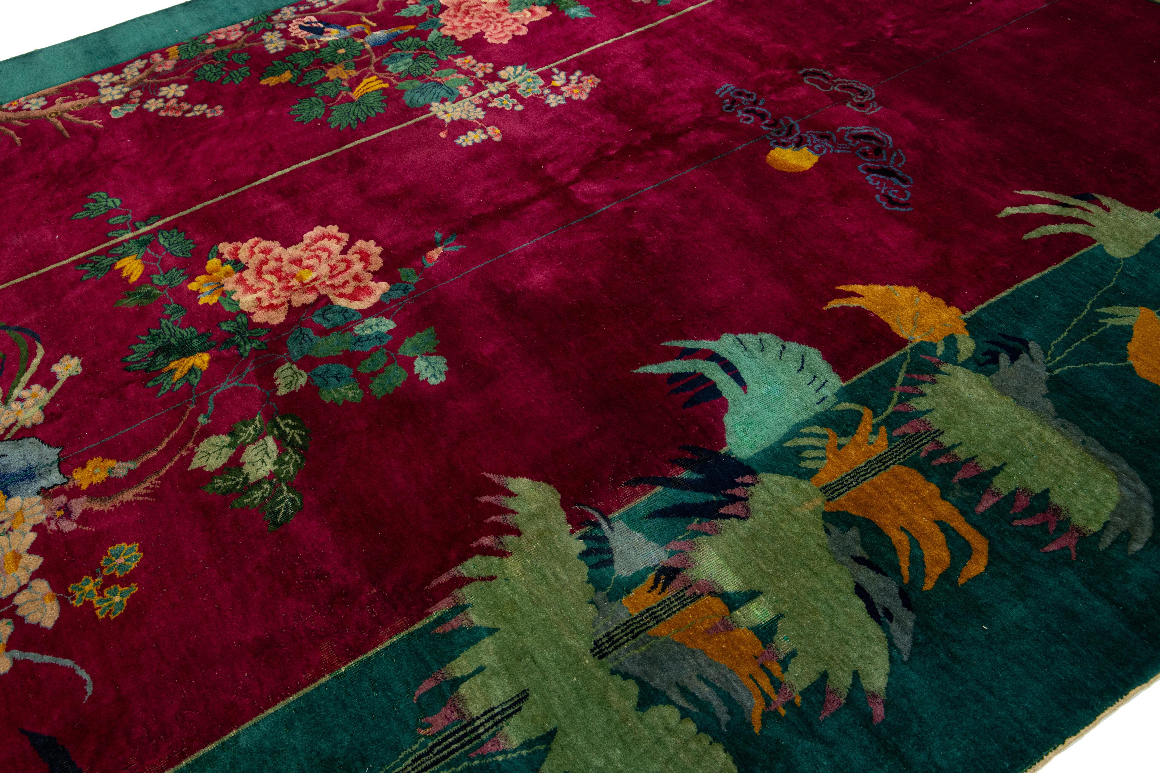 Hand-Knotted Vintage Colorful Art Deco Chinese Wool Rug For Sale