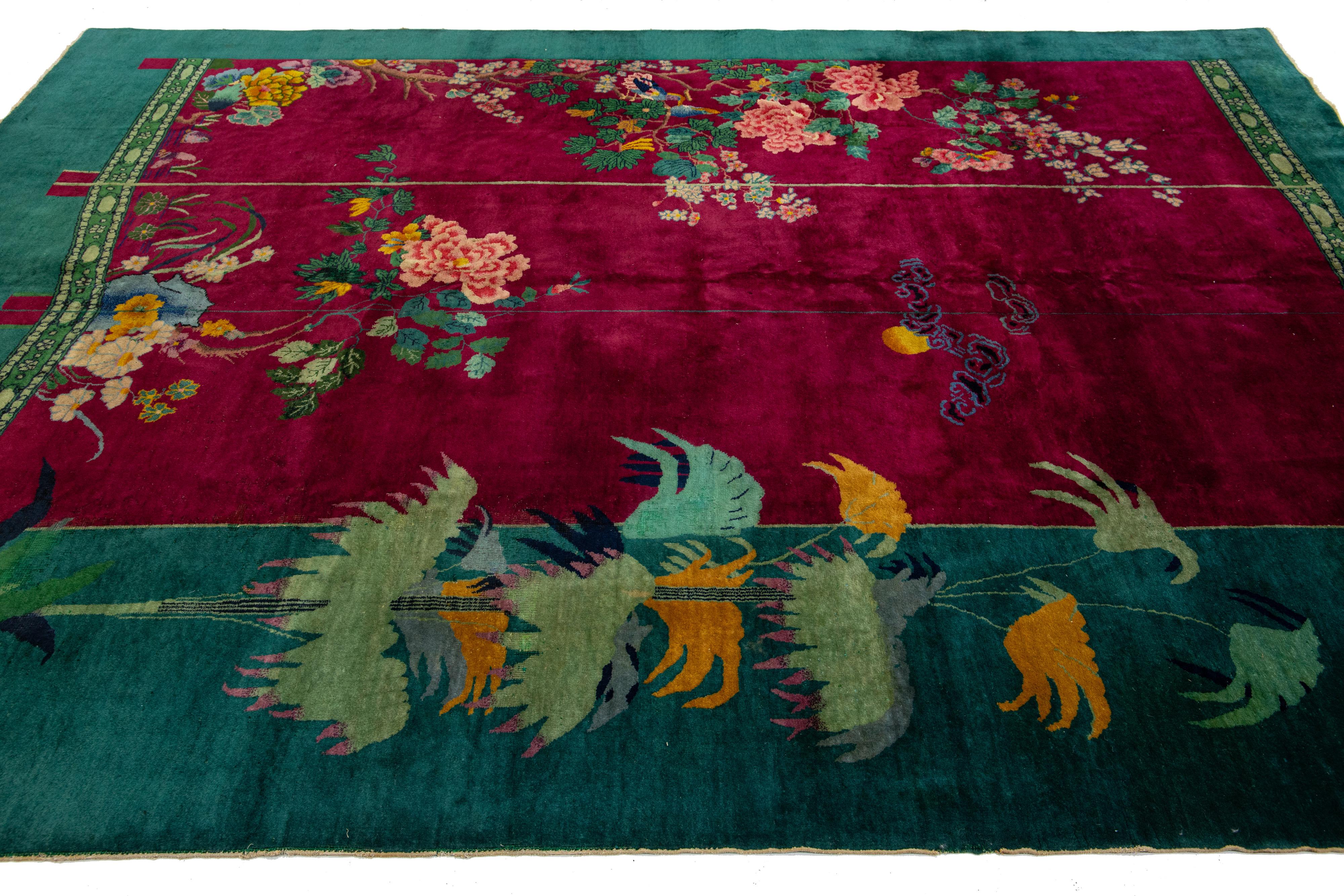 Vintage Colorful Art Deco Chinese Wool Rug In Good Condition For Sale In Norwalk, CT