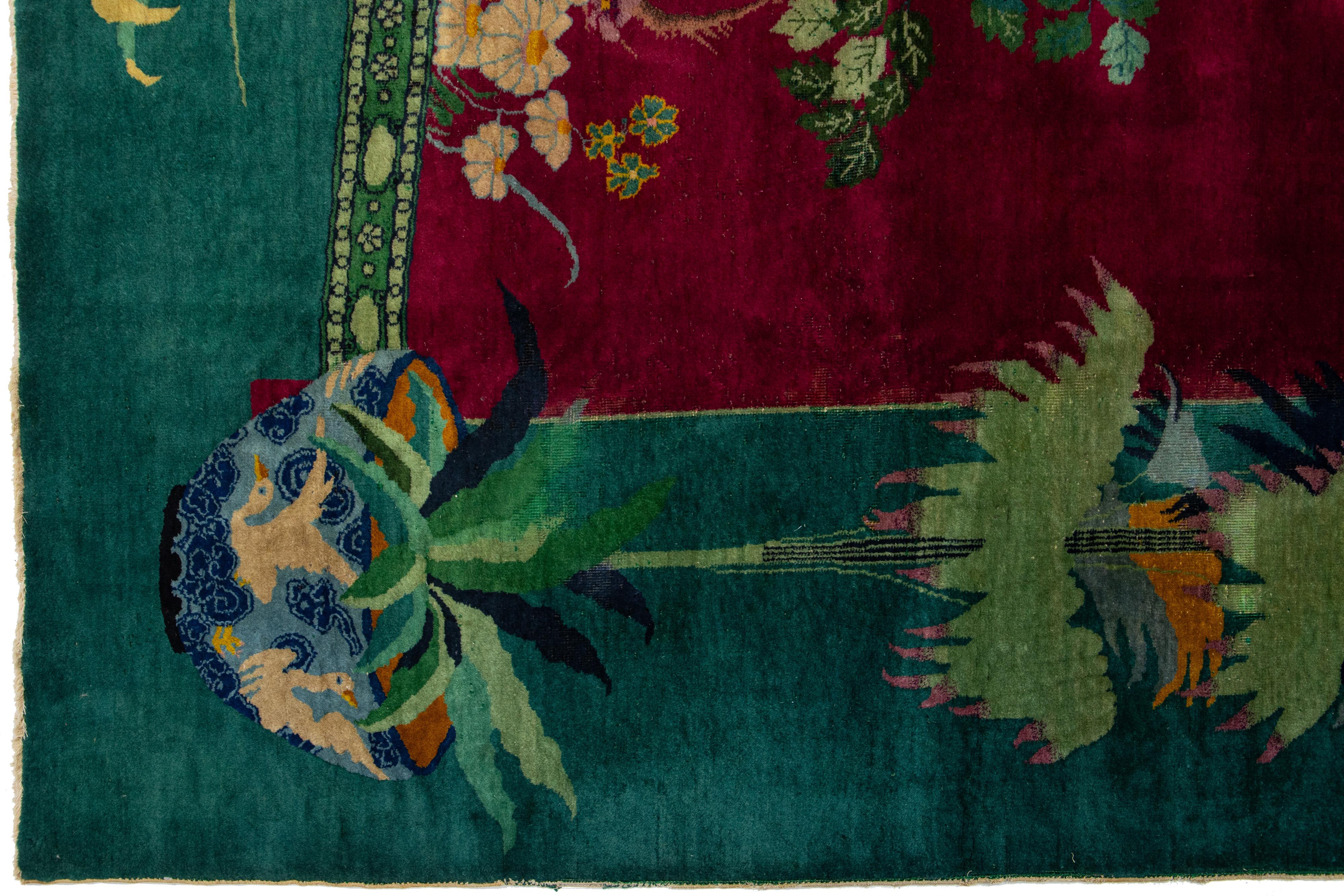 Early 20th Century Vintage Colorful Art Deco Chinese Wool Rug For Sale