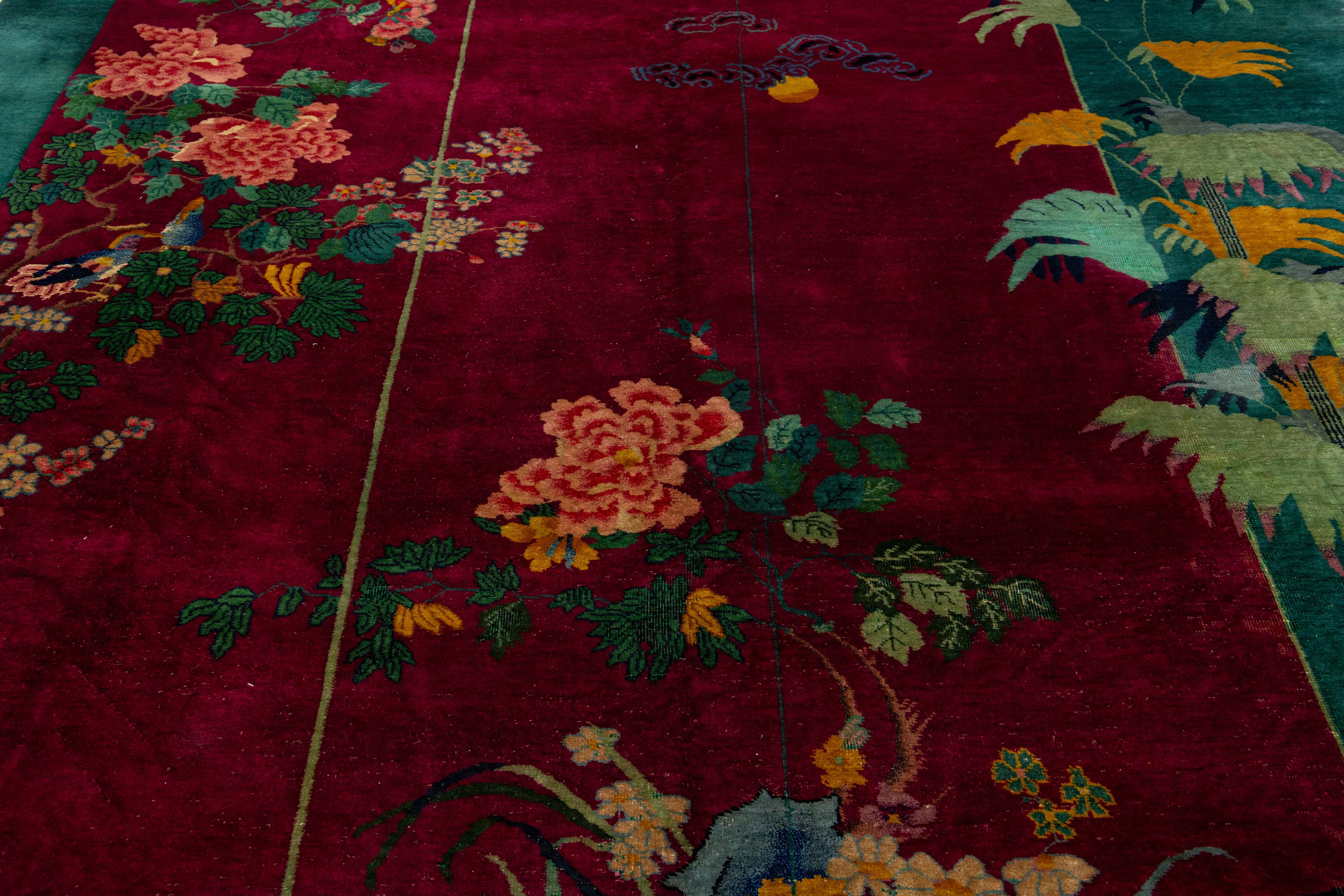 Vintage Colorful Art Deco Chinese Wool Rug For Sale 1