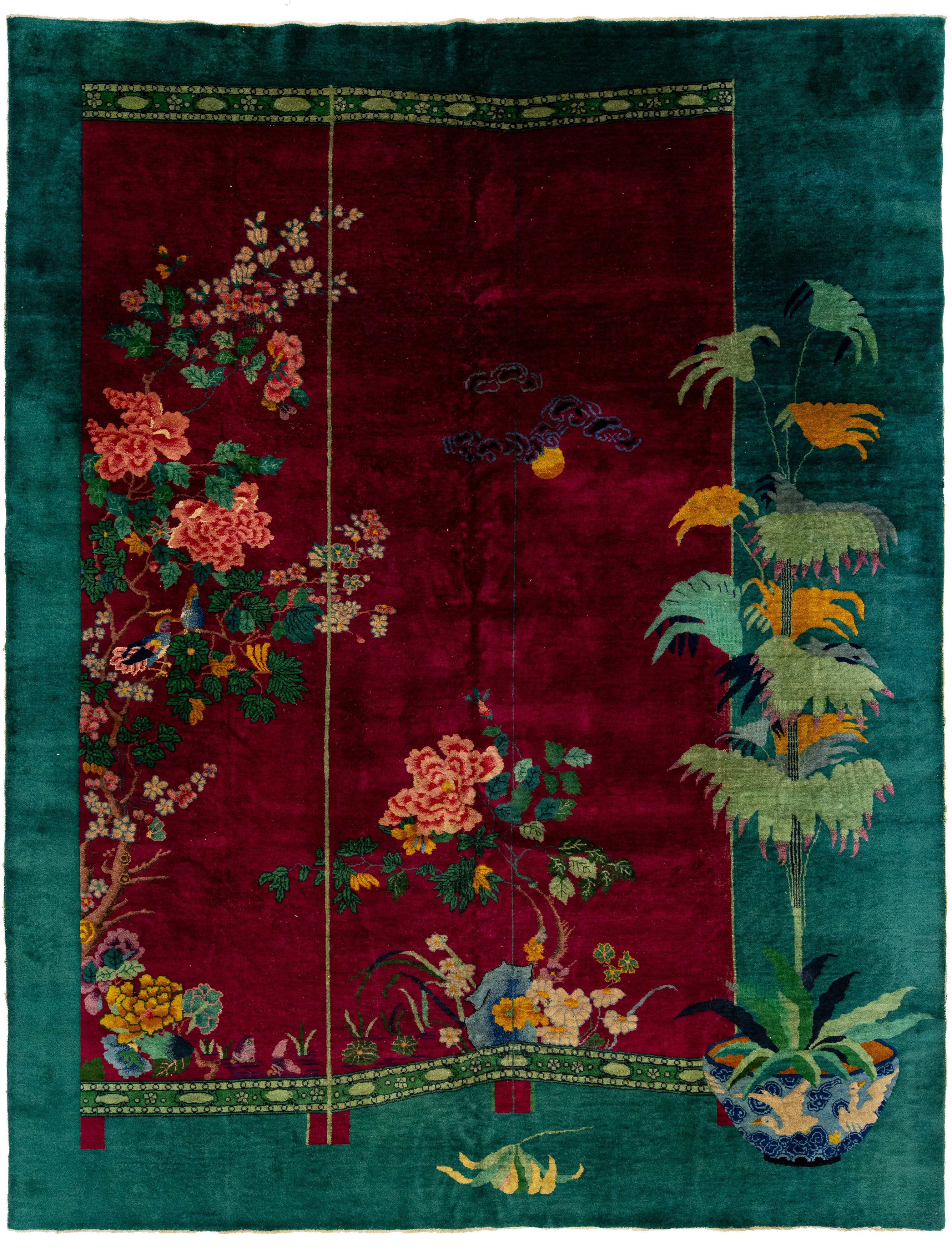 Vintage Colorful Art Deco Chinese Wool Rug For Sale