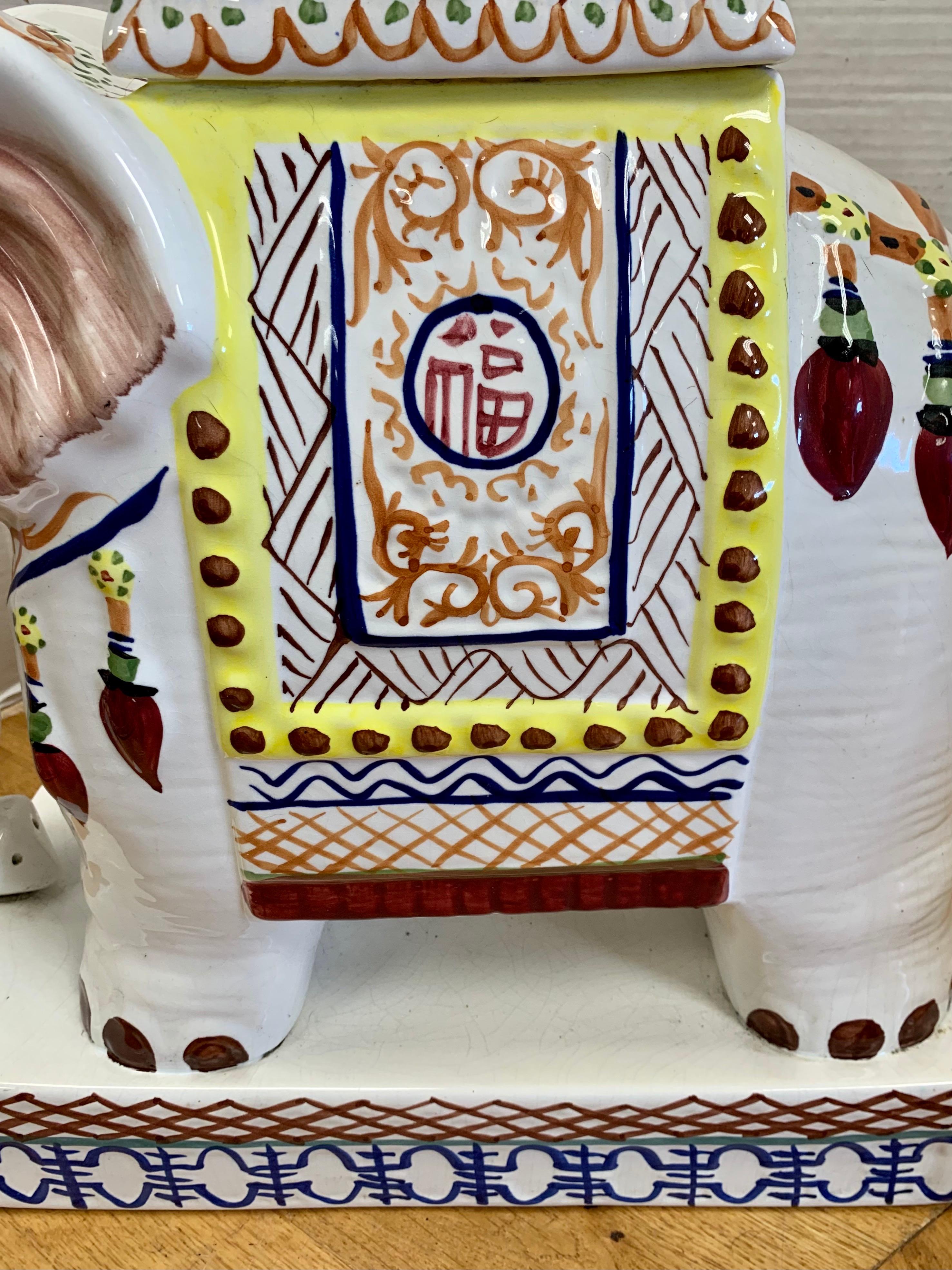 Vintage Colorful Chinese Hand Painted Porcelain Elephant Stool Seat In Good Condition In West Hartford, CT