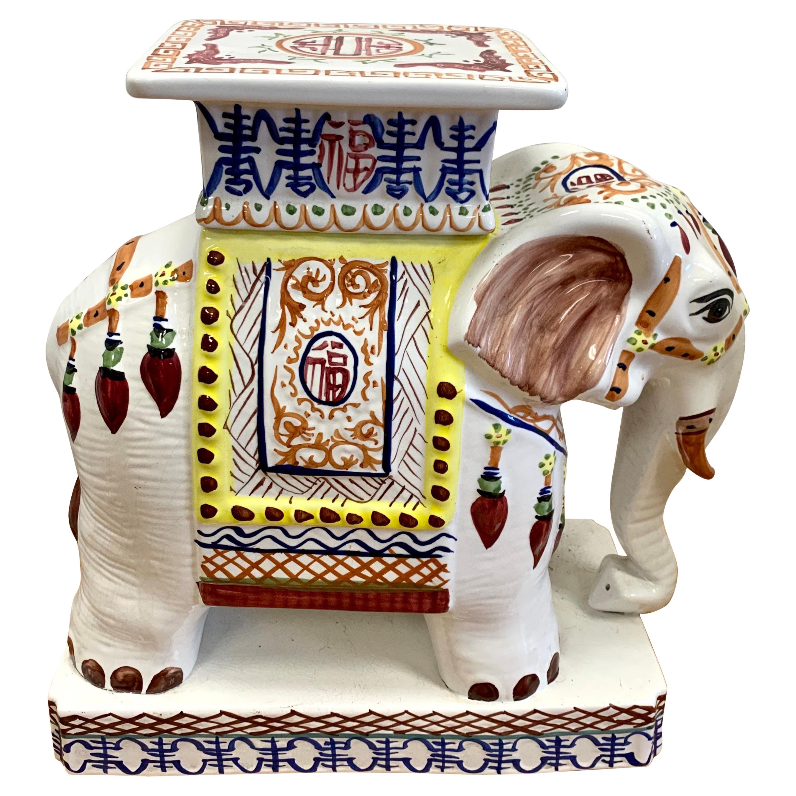 Vintage Colorful Chinese Hand Painted Porcelain Elephant Stool Seat