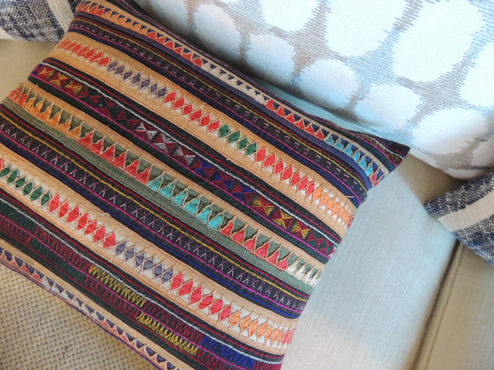 Hand-Crafted Vintage Colorful Embroidered Indian Silk Decorative Bolster Pillow