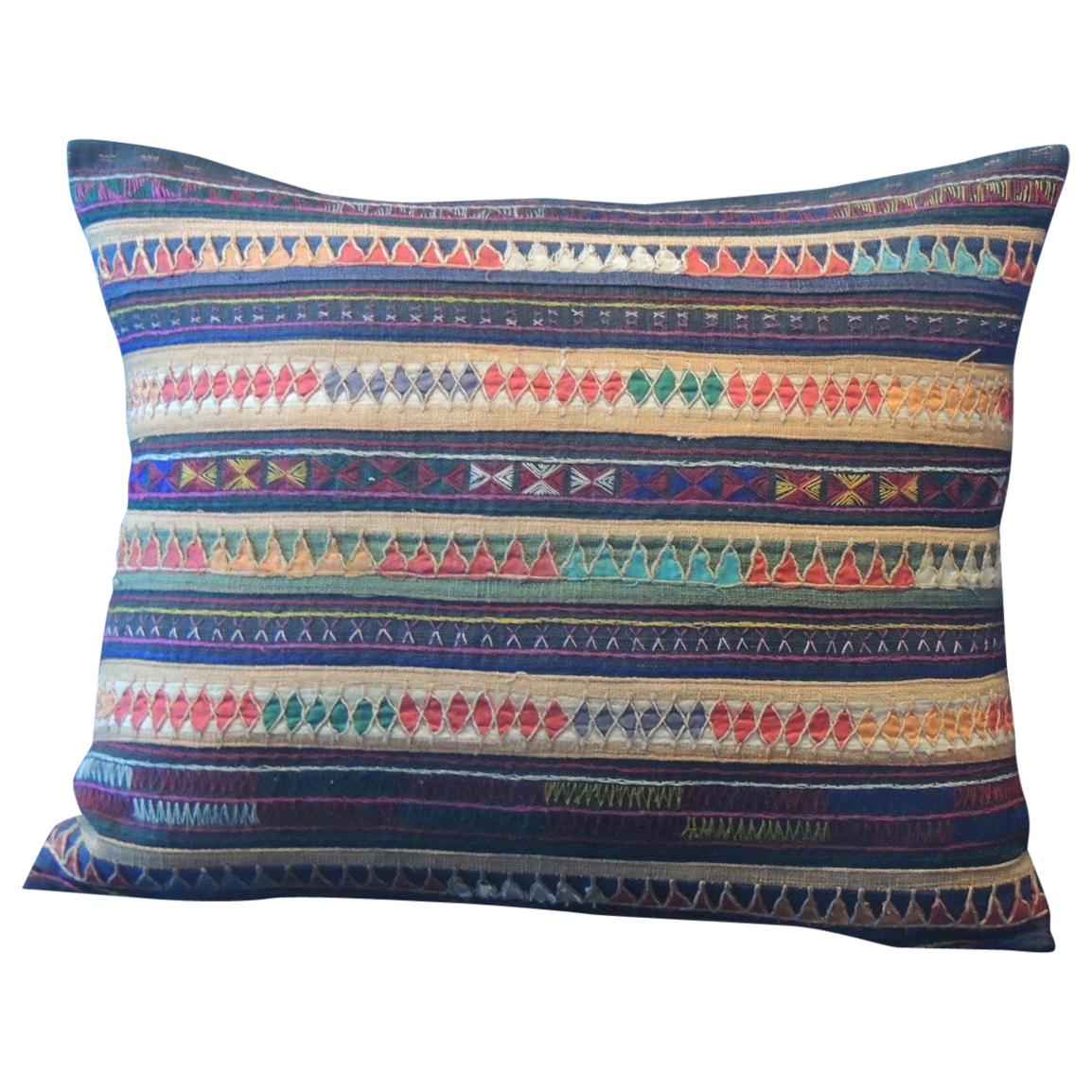 Vintage Colorful Embroidered Indian Silk Decorative Bolster Pillow