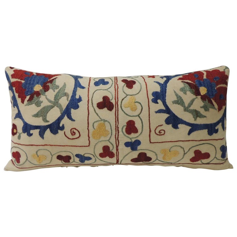 Vintage Colorful Floral Embroidery "Suzani" Decorative Bolster Pillow