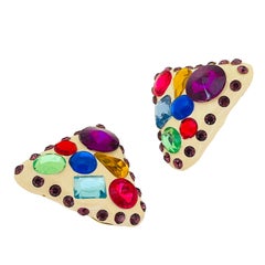 Vintage colorful geometric disco rhinestone designer runway clip on earrings