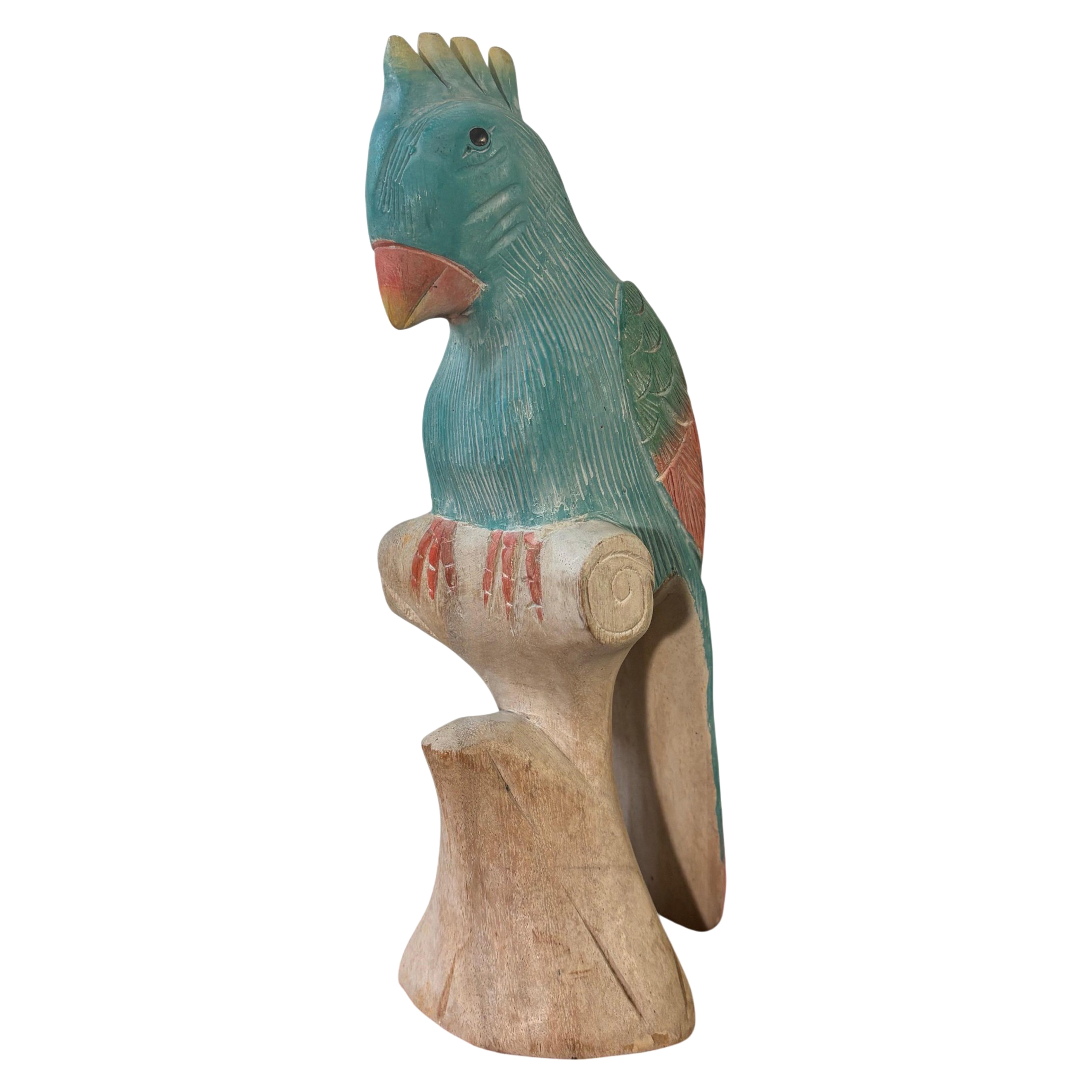 Vintage Colorful Hand Carved and Hand Painted Wooden Parrot