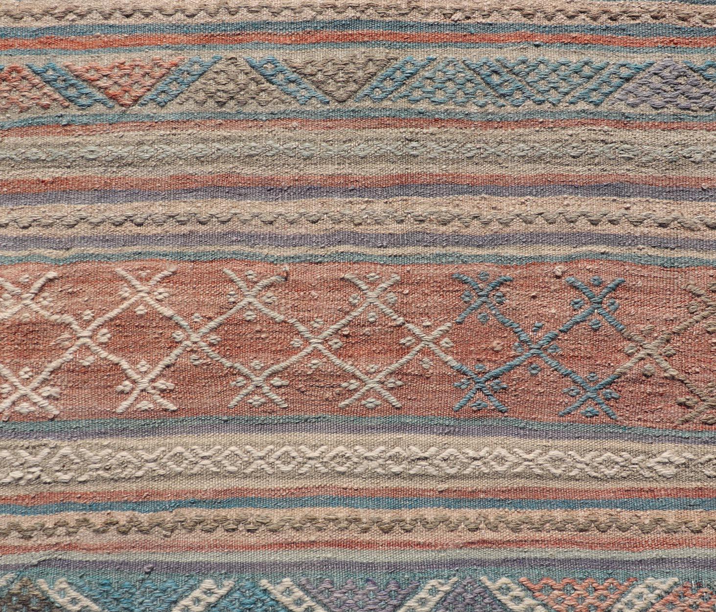 Measures: 2'8 x 9'9 
Vintage colorful Kilim Runner with stripe design in orange, gray, & light green. Keivan Woven Arts / rug TU-NED-5006, country of origin / type: Turkey / Kilim, circa 1950.
Featuring a striking stripe design, this unique 1950s
