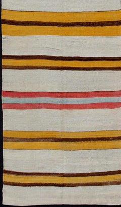 Vintage Colorful Kilim Runner With Stripe Design in Yellow, Ivory, Red & Brown