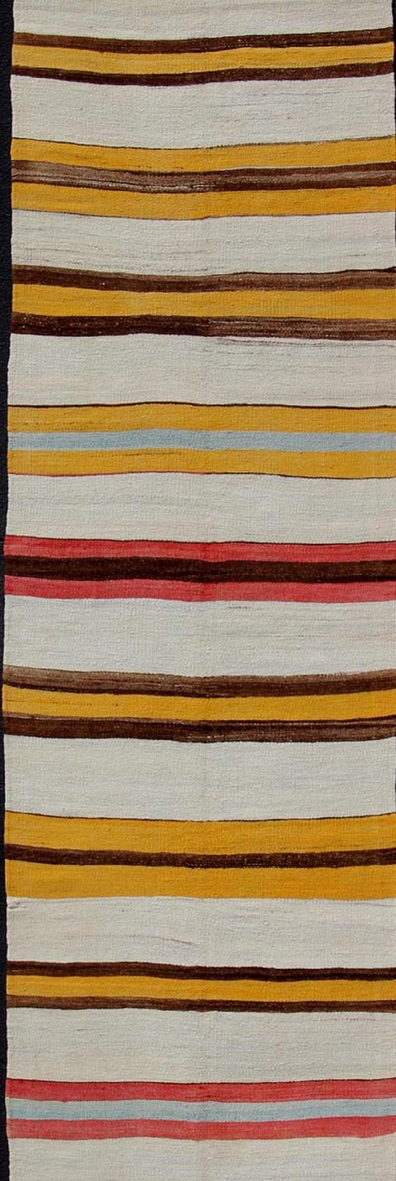 Turkish  Vintage Colorful Kilim Runner With Stripe Design in Yellow, Ivory, Red & Brown  For Sale