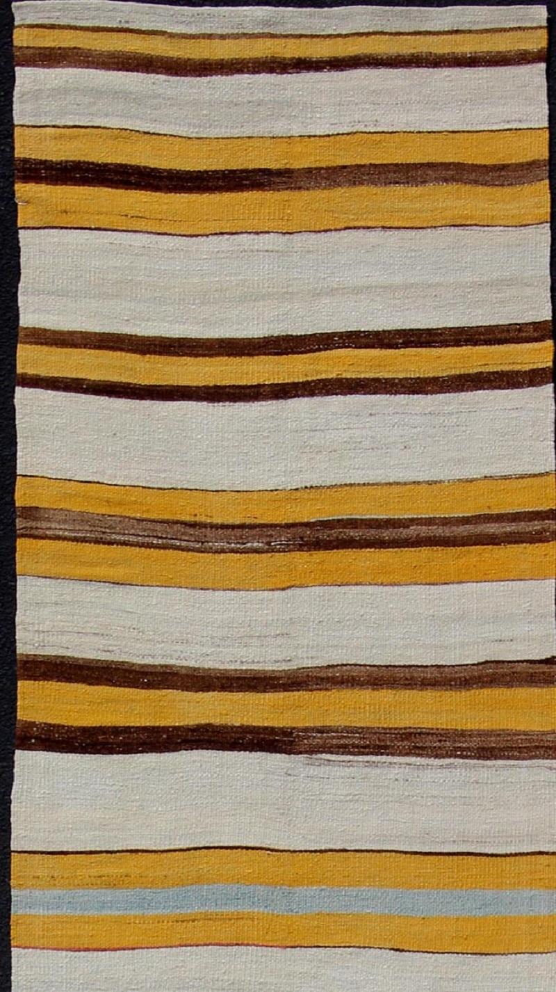 Hand-Knotted  Vintage Colorful Kilim Runner With Stripe Design in Yellow, Ivory, Red & Brown  For Sale