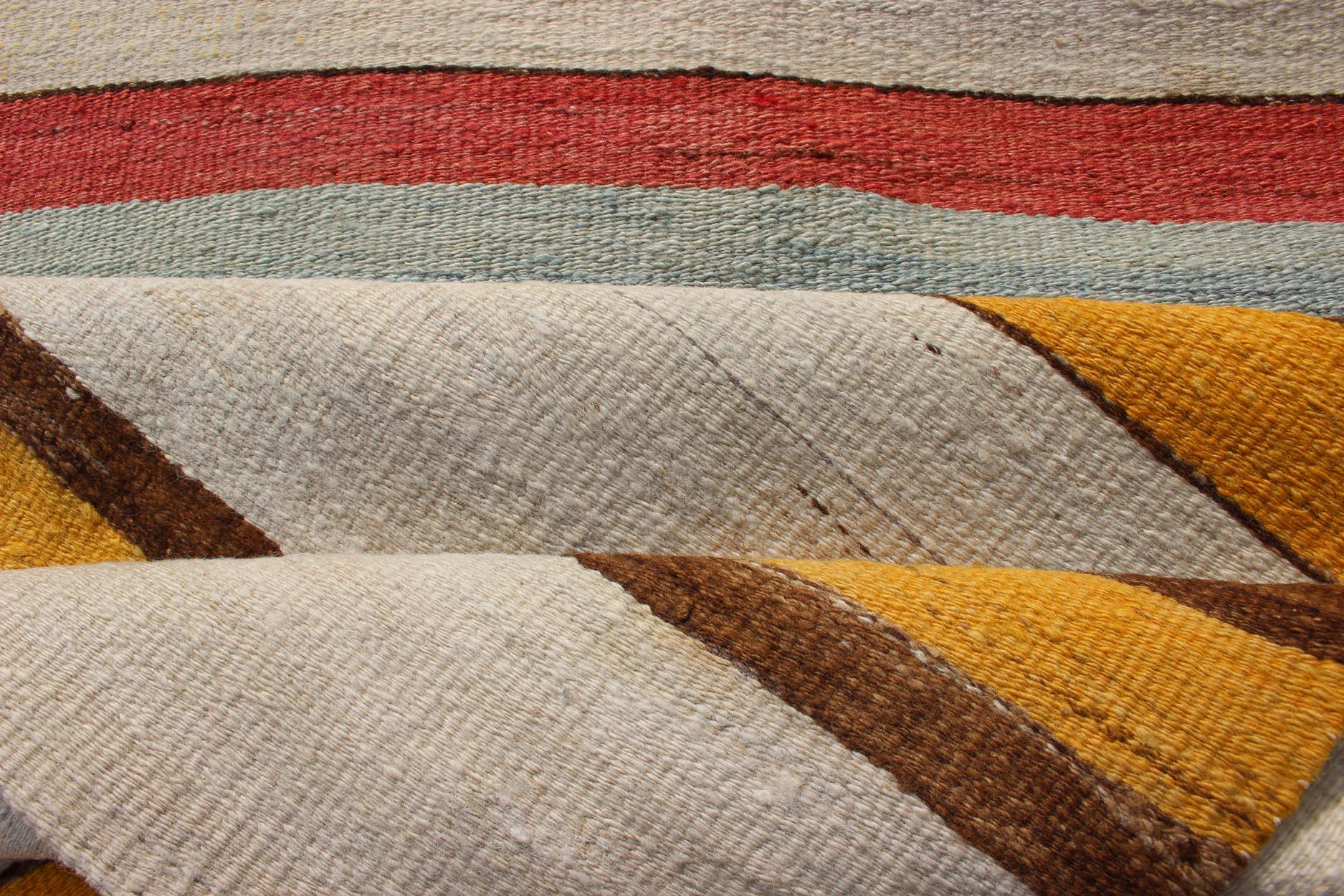  Vintage Colorful Kilim Runner With Stripe Design in Yellow, Ivory, Red & Brown  In Good Condition For Sale In Atlanta, GA